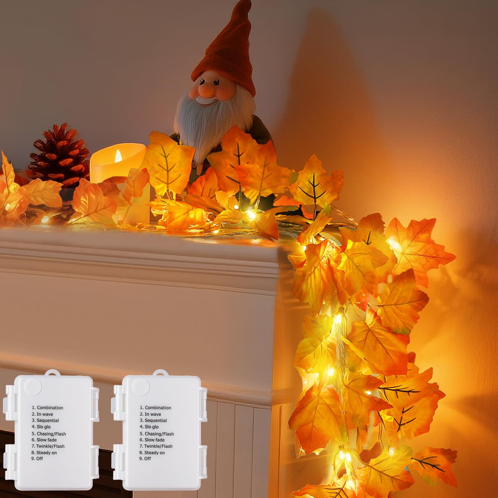 2Pack [8 Lighting Modes & Timer] Fall Decor Maple Leaf Garland with Lights 80LED Battery Operated Waterproof, Fall Decorations for Home Outdoor Indoor Thanksgiving Decor Halloween Friendsgiving Autumn