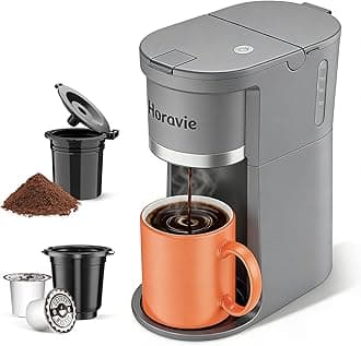 Horavie Small Single Serve Coffee Maker, Fast Brew One Cup Coffee Machine for K Cup and Grounds, 6 to 12 oz. Brew Sizes, Capsule Coffee Machine with Descaling Reminder and Viewing Tank, Grey