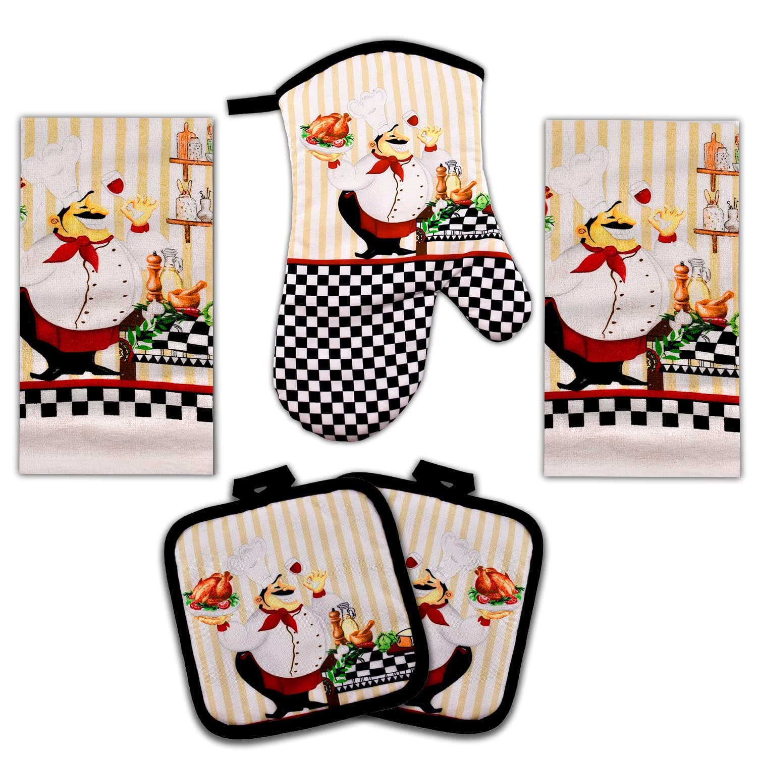 Lobyn Value Packs - Charming 5 Piece Kitchen Towel Set: Chubby Uniformed Chef Design, Includes 2 Decorative Dish Towels (25 X15) 1 Oven Mitt (11 X 7) and 2 Potholders (6.5 X 6.5)