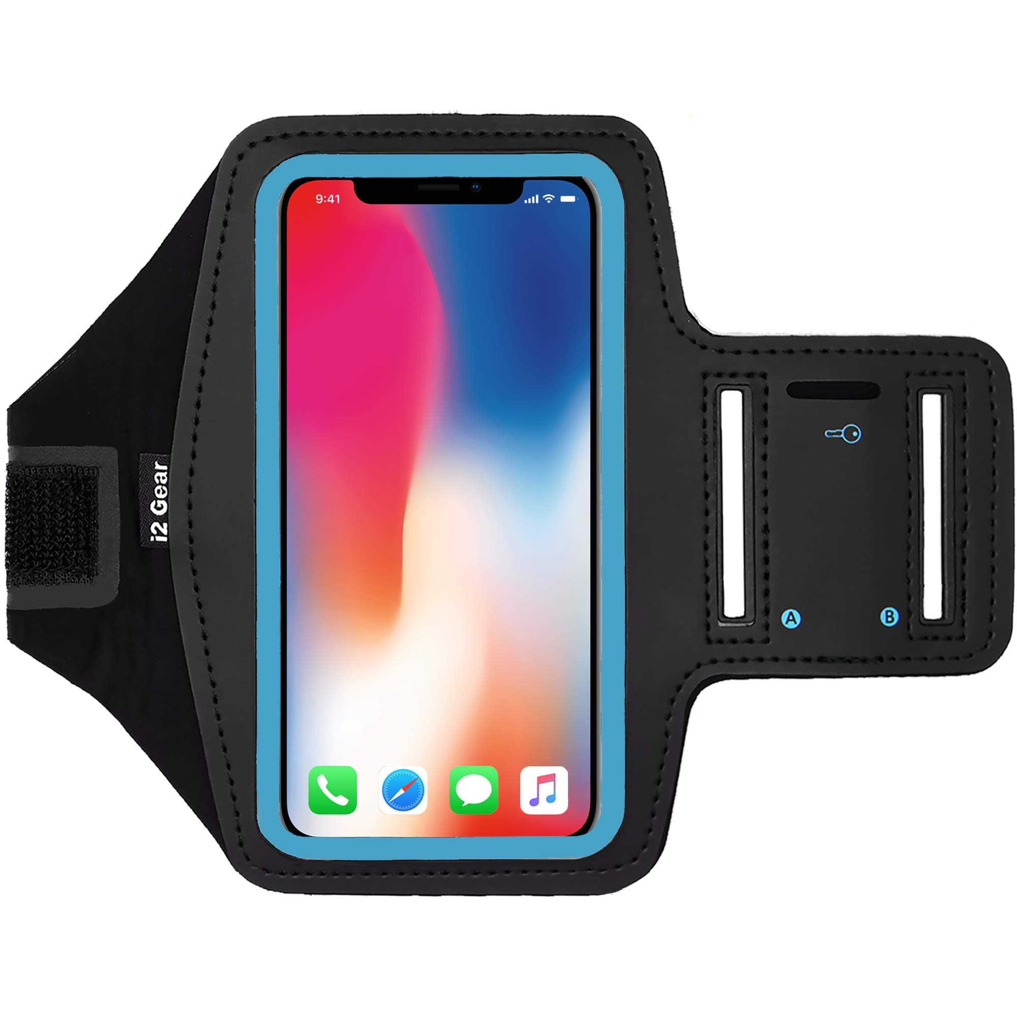 i2 Gear Running Armband compatible with iPhone 8 7 6 6S and Galaxy S6 S5 S4 Mobile Phone Arm Holder with Adjustable Band plus Key Holder, Reflective (Medium, Cyan)