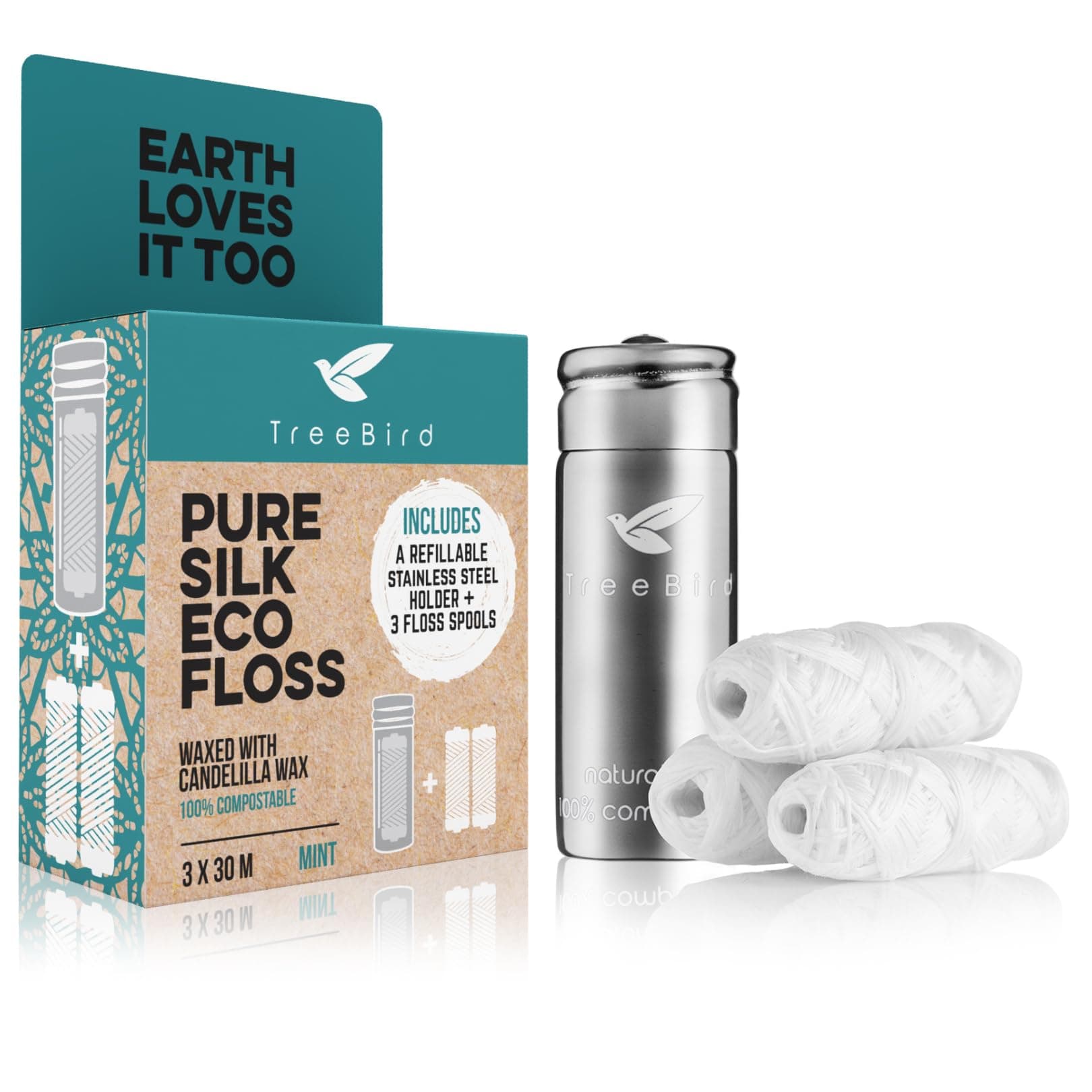 TreeBird Pure Silk Eco Floss Kit - Refillable Floss Dispenser (Stainless Steel) + 3×33 yd Silk Refills | Waxed with Candelilla Wax | Mint