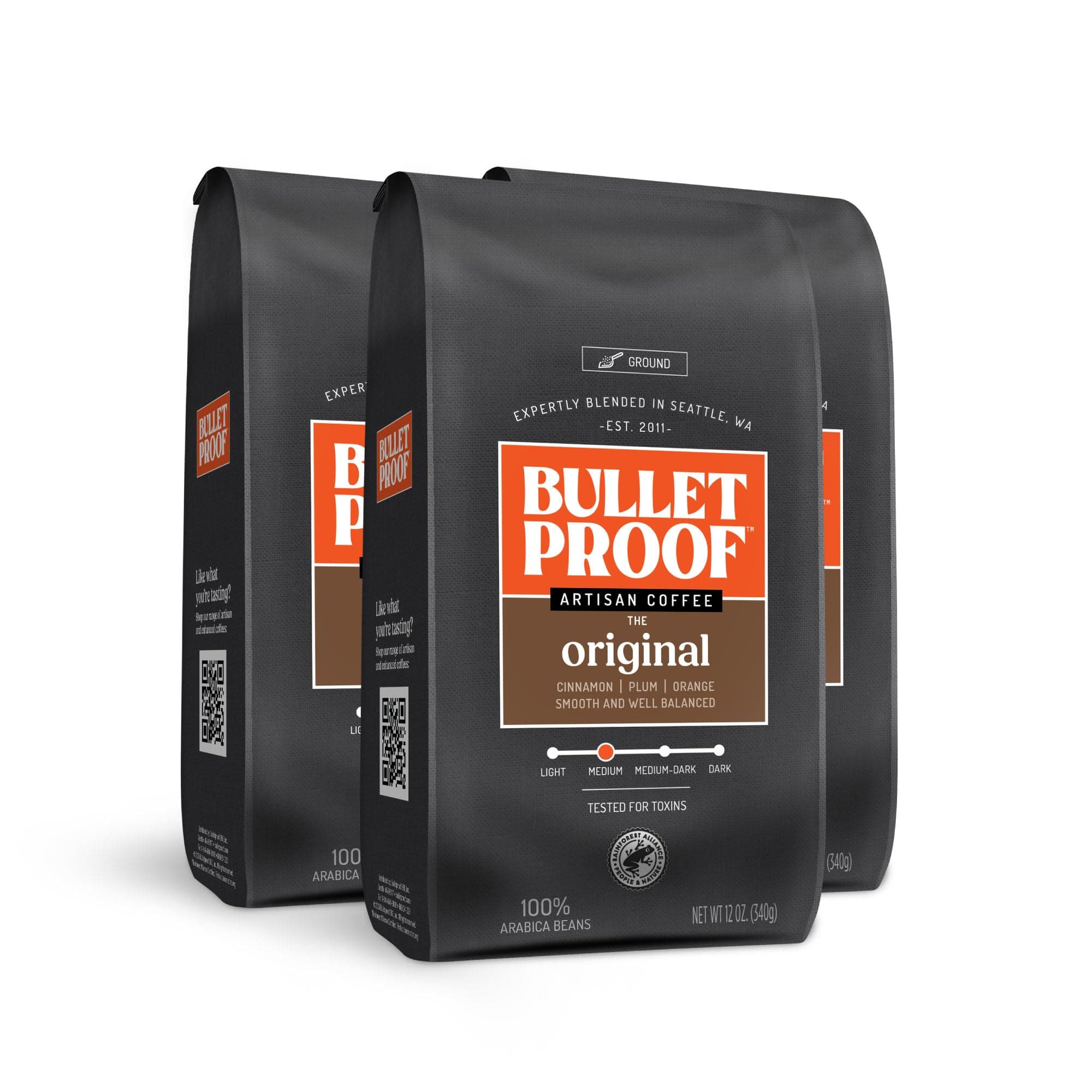 Bulletproof Original Medium Roast Ground Coffee, 100% Arabica Coffee, Tested for Toxins, Clean Coffee Sustainably Sourced, 12 Ounces (3 Pack)
