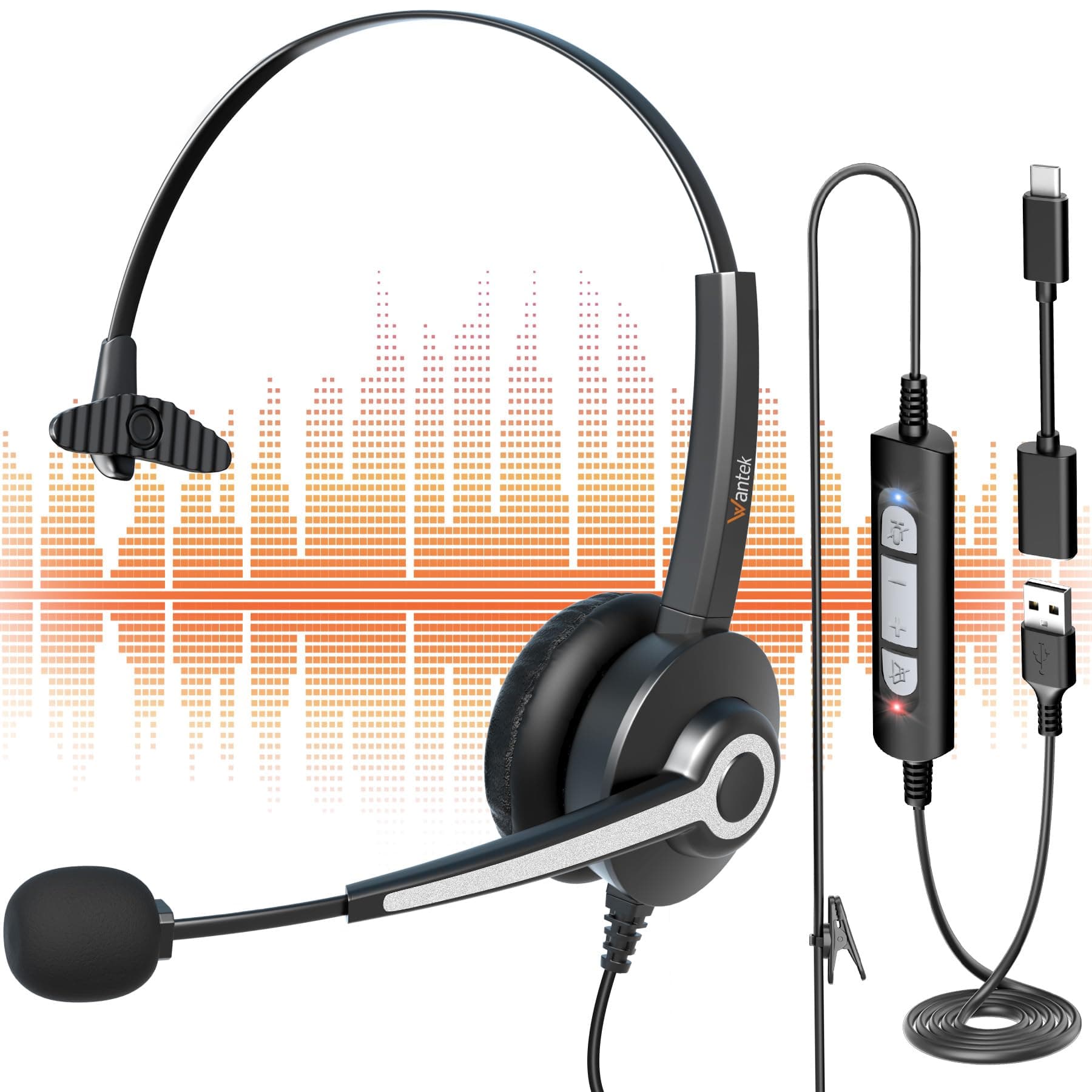 Wantek USB Headset with Microphone for Laptop,USB Type-C Jack Computer Headsets with Adjustable Noise Cancelling Mic for Laptop Call Center Office Skype Online ChatGlobal Recycled StandardGlobal Recycled StandardGlobal Recycled Standard