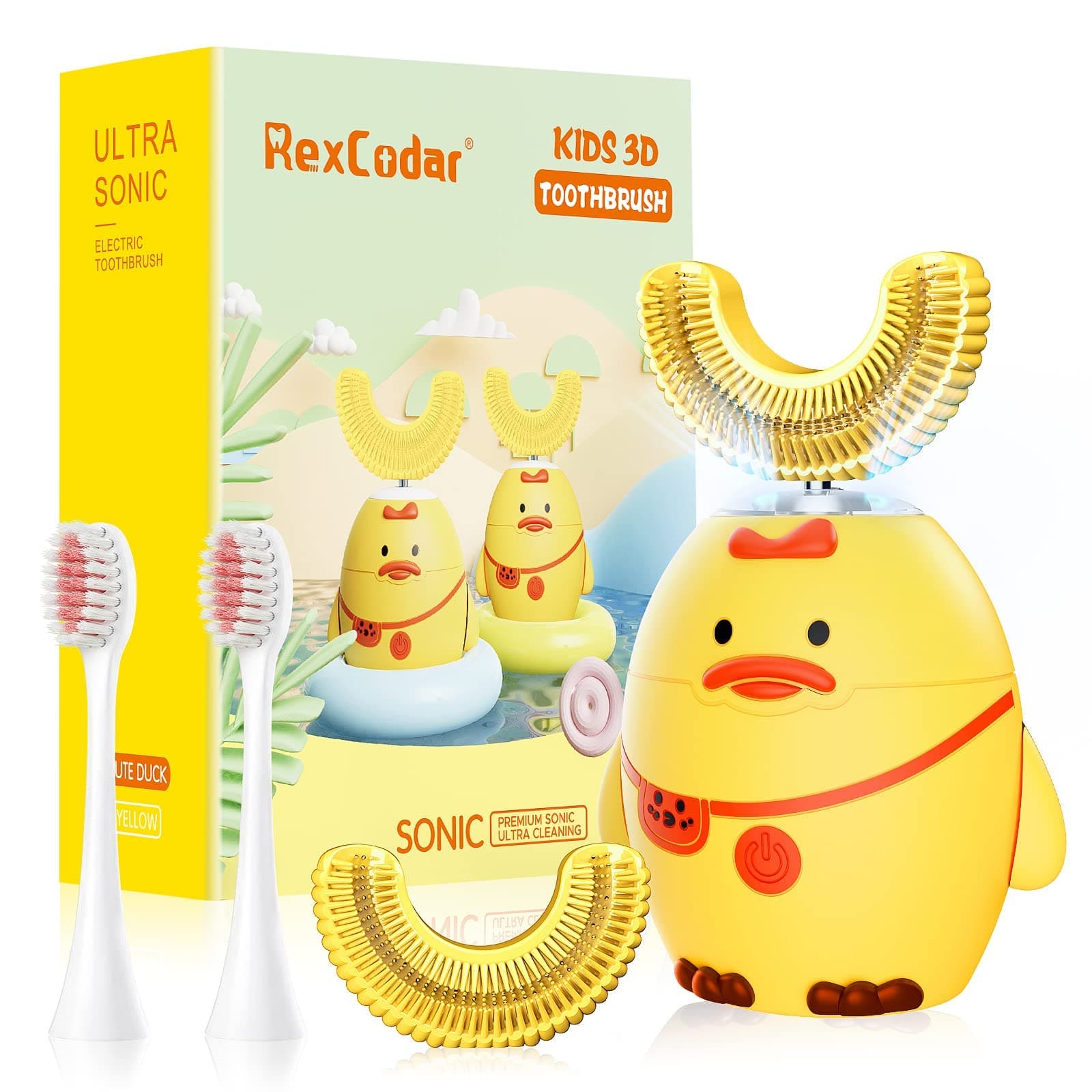 RexCodar Kids Electric Toothbrush,U Shaped Ultrasonic Automatic Toothbrush IPX7 Waterproof Toothbrush with 5 Smart Modes (Cartoon Duck,Ages 6-12)
