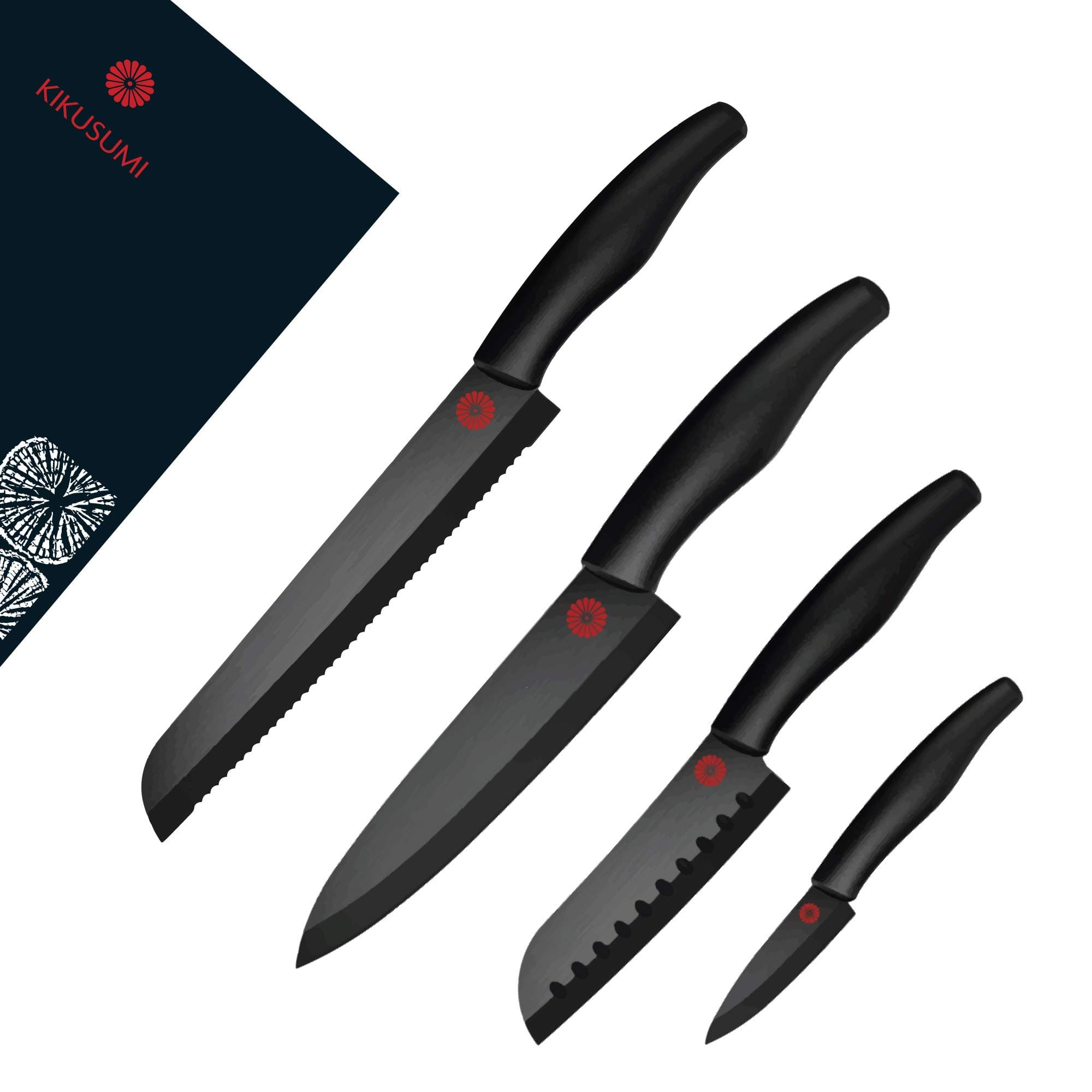4-Piece Chef Knife Gift Set Bundle - SUMI Black Handle + Black Ceramic Blade - 7 inch Gyuto Chef Knife + 5 inch Santoku + 3 inch Paring + 8 inch Serrated Bread Knife + 4 Knife Sheaths