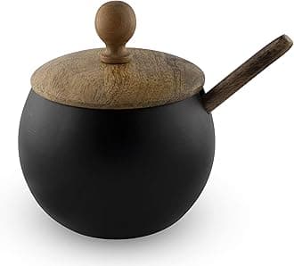 GoCraft Sugar Bowl with Wooden Lid and Spoon for Home and Kitchen, Drum Shape...