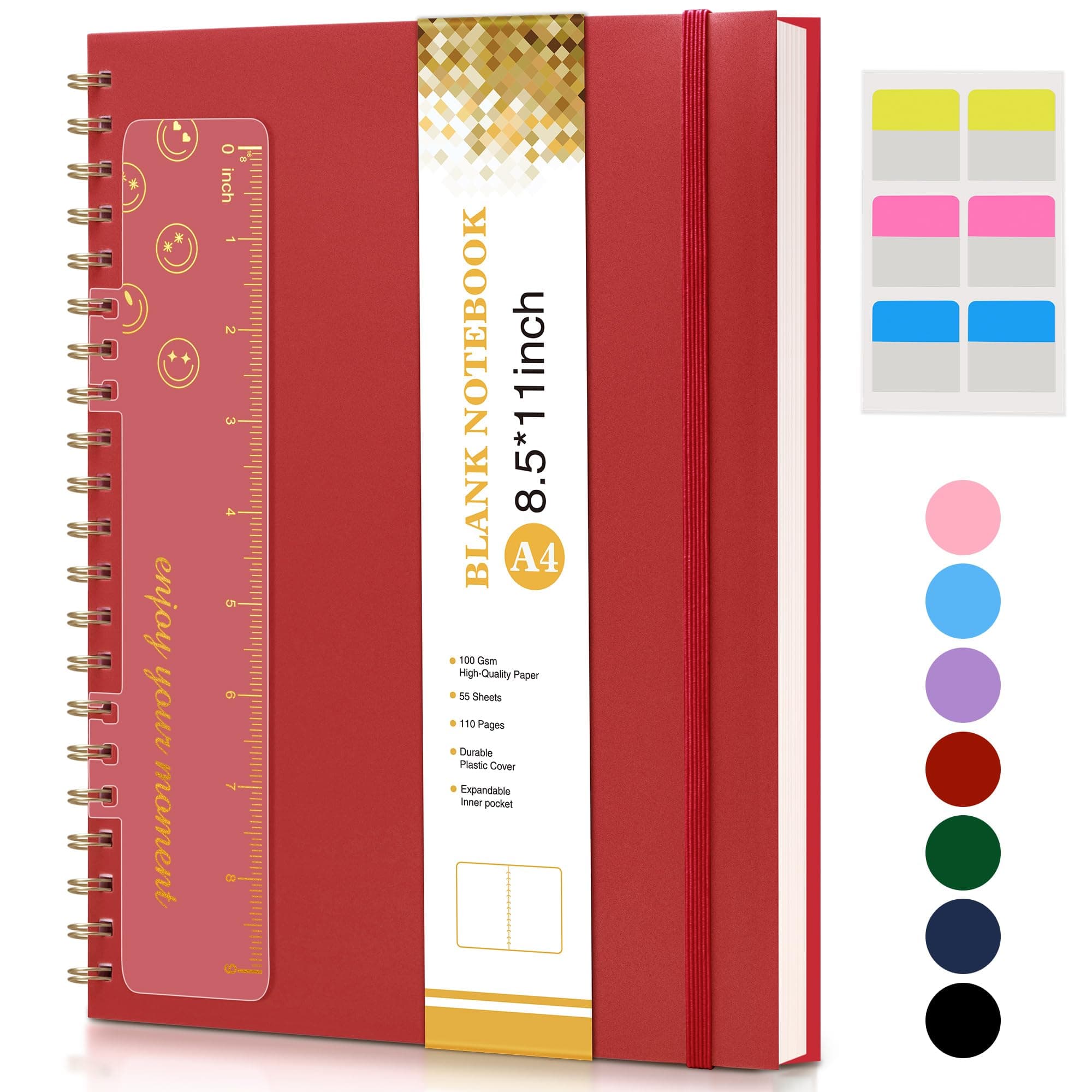 Blank Spiral Notebook Journal 8.5” x 11”, A4 Large Sketch Book for Women Men, 100 GSM Blank Paper Drawing Notebook, Plastic Hardcover Spiral Bound Sketchbook for Sketching Work School Writing, Red