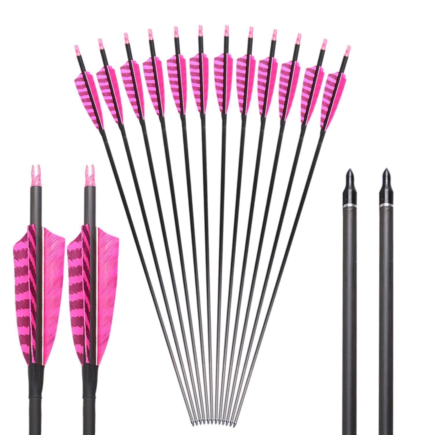Huntingdoor 31 Inch Hunting Carbon Arrows, Replaceable Points Tips Arrows with 4 Inch Real Feather Fletching,400 Spine Targeting Arrows for Recurve Bow Longbow Practice Pink (Pack of 6)