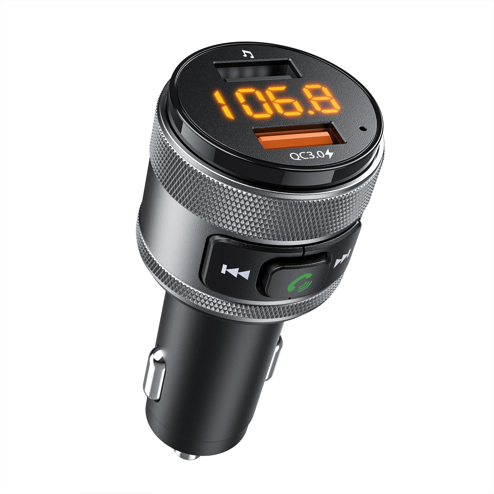 LENCENT Bluetooth 5.0 FM Transmitter for Car, Wireless Radio Adapter Car Kit with Big Button, QC3.0 18W Car Fast Charger, Hi-Fi Music Streaming, Hands-Free Calls, 2 USB Ports Charger Support USB Drive