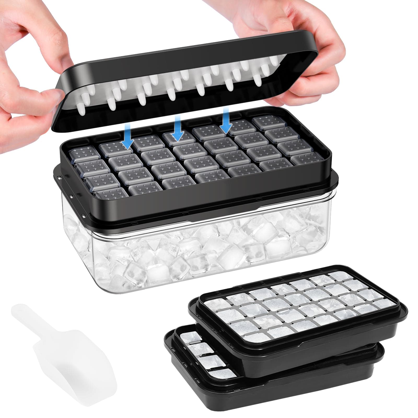 Ice Cube Tray with Lid and Bin, PHINOX 56 pcs Ice Trays for Freezer, Ice Cube Trays for Freezer with 2 trays, Container, Lid & Ice Scoop, BPA Free, Black