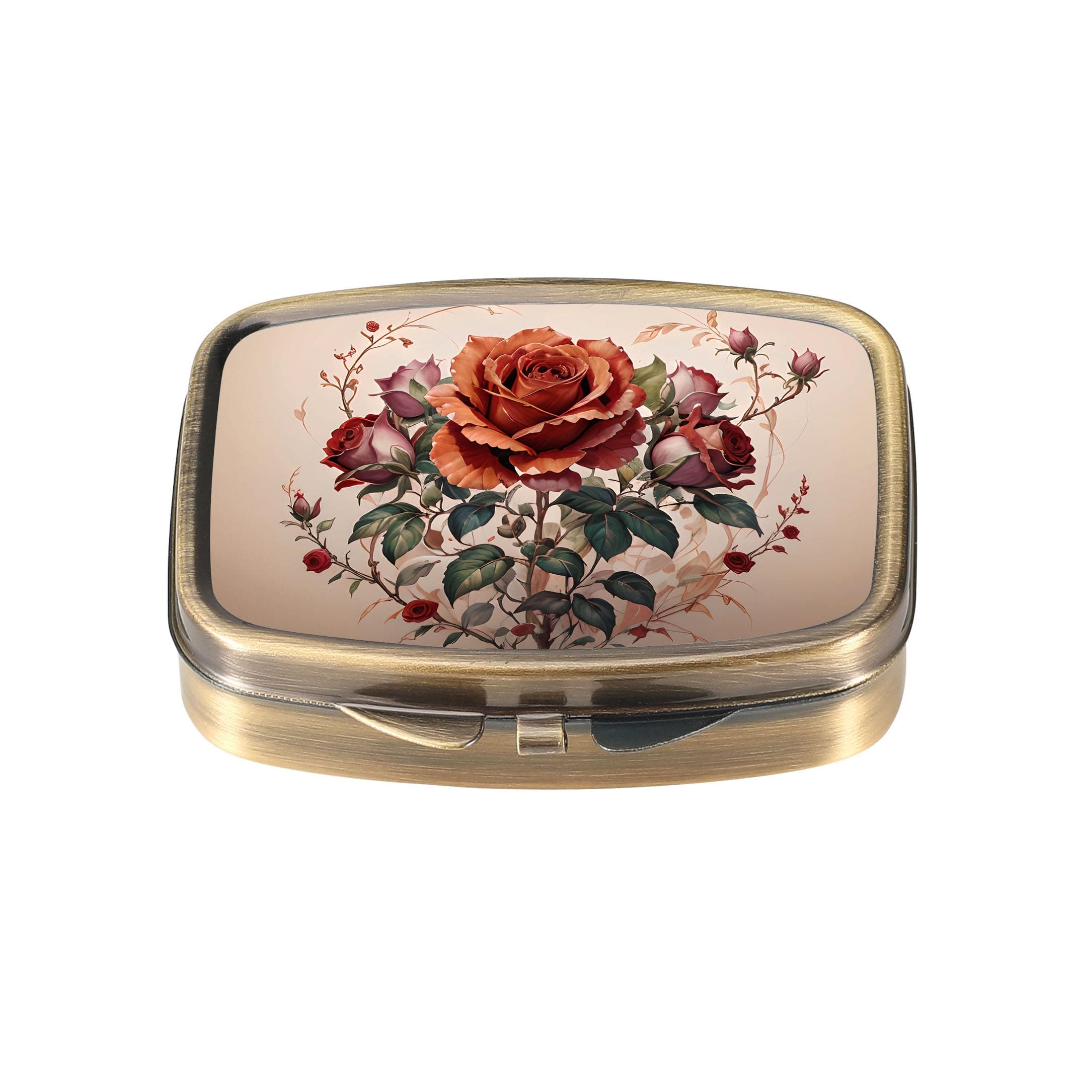 Pill Case Pill Box with Mirror Retro Pocket 2 Compartment Medicine Case Vitamin Pill Organizer for Pocket Purse and Travel Gifts - Flower 21