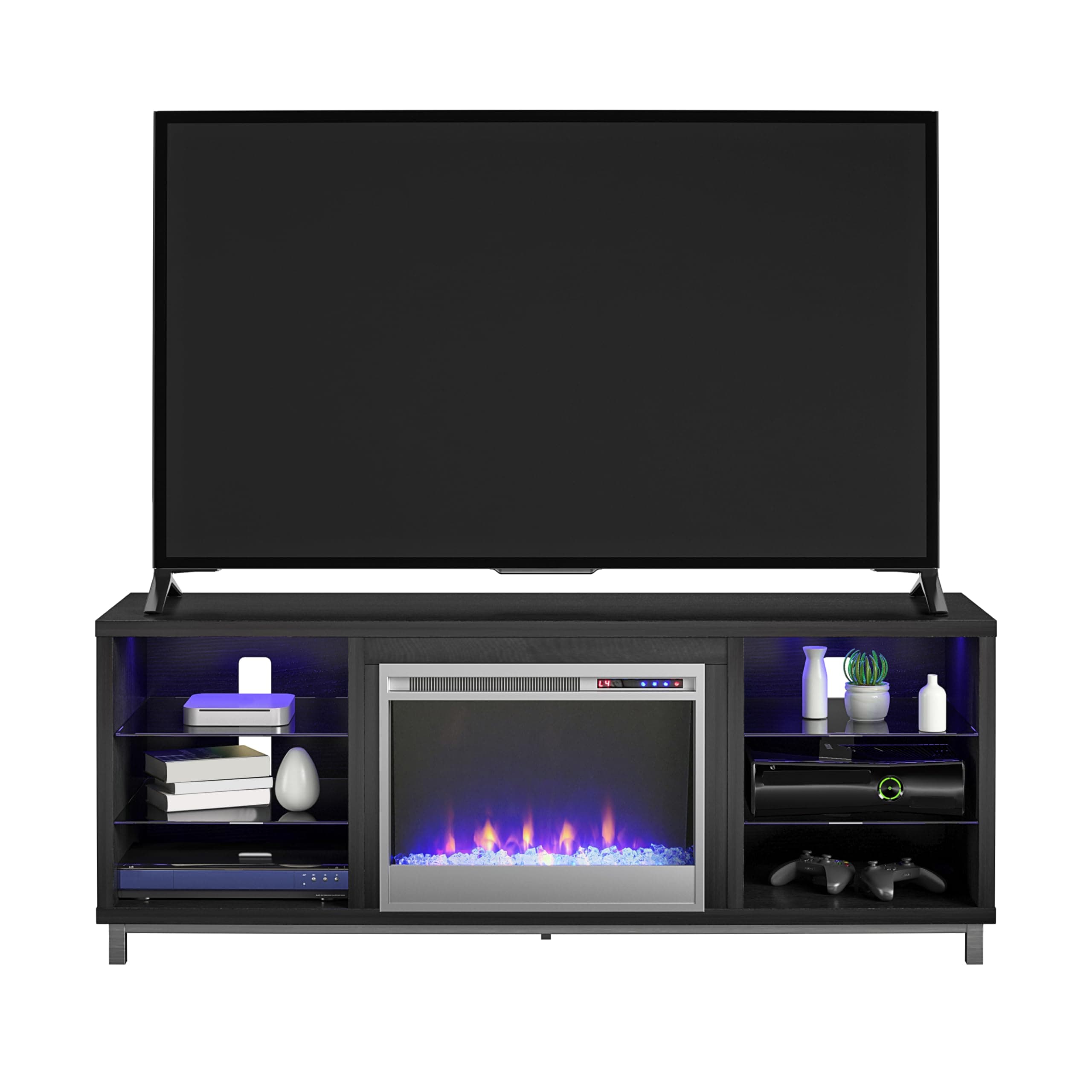 Ameriwood Home Lumina Fireplace TV Stand, Black Oak, Holds TVs up to 70", Modern Entertainment Center with RGB LED Lights