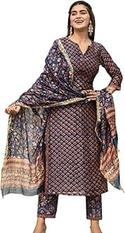 GRECIILOOKSWomen's Cotton Blend Kurta Set with Dupatta | Kurti Set for Women | Festive Kurta Set for Women | Regular Fit Kurta