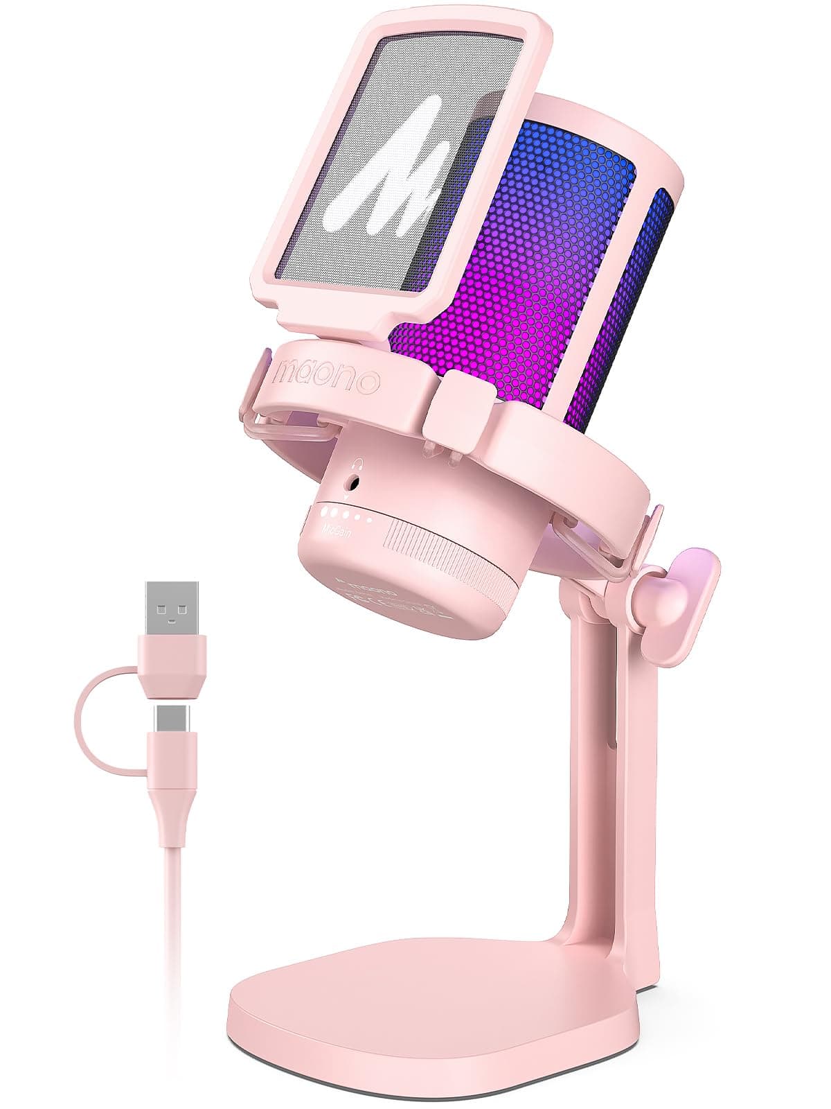 MAONO Gaming Microphone with Noise Cancellation, USB Condenser Mic for Streaming, Podcast, Twitch, YouTube, Discord, PC Desktop Computer Mic for PS5, GamerWave DGM20 Pink