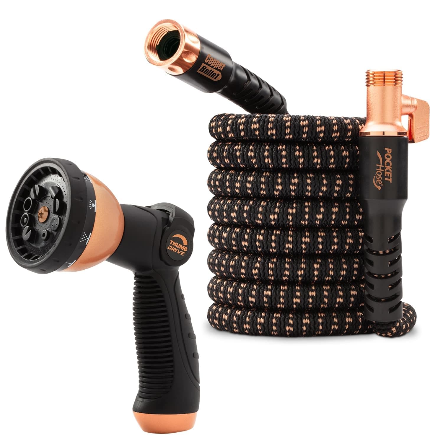 Pocket Hose 50 FT Copper Bullet Expandable Garden Hose w/10 Pattern Thumb Spray Nozzle AS SEEN ON TV 650psi 3/4 in Patented Lead-Free Ultra-Lightweight Solid Copper Anodized Aluminum