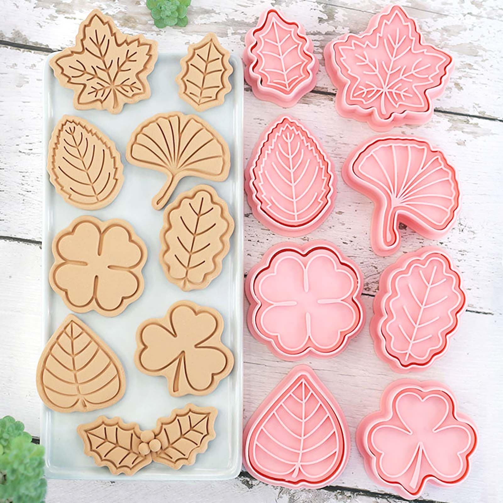 8 Piece Leaf Cookie Cutter Set, Autumn Shapes for Baking, Maple, Oak, Holly, Shamrock, Ginkgo, 4 leaf Clover Embossed Biscuit Cutters Molds for Fall, Thanksgiving, Holiday & Party Treats (Fall)