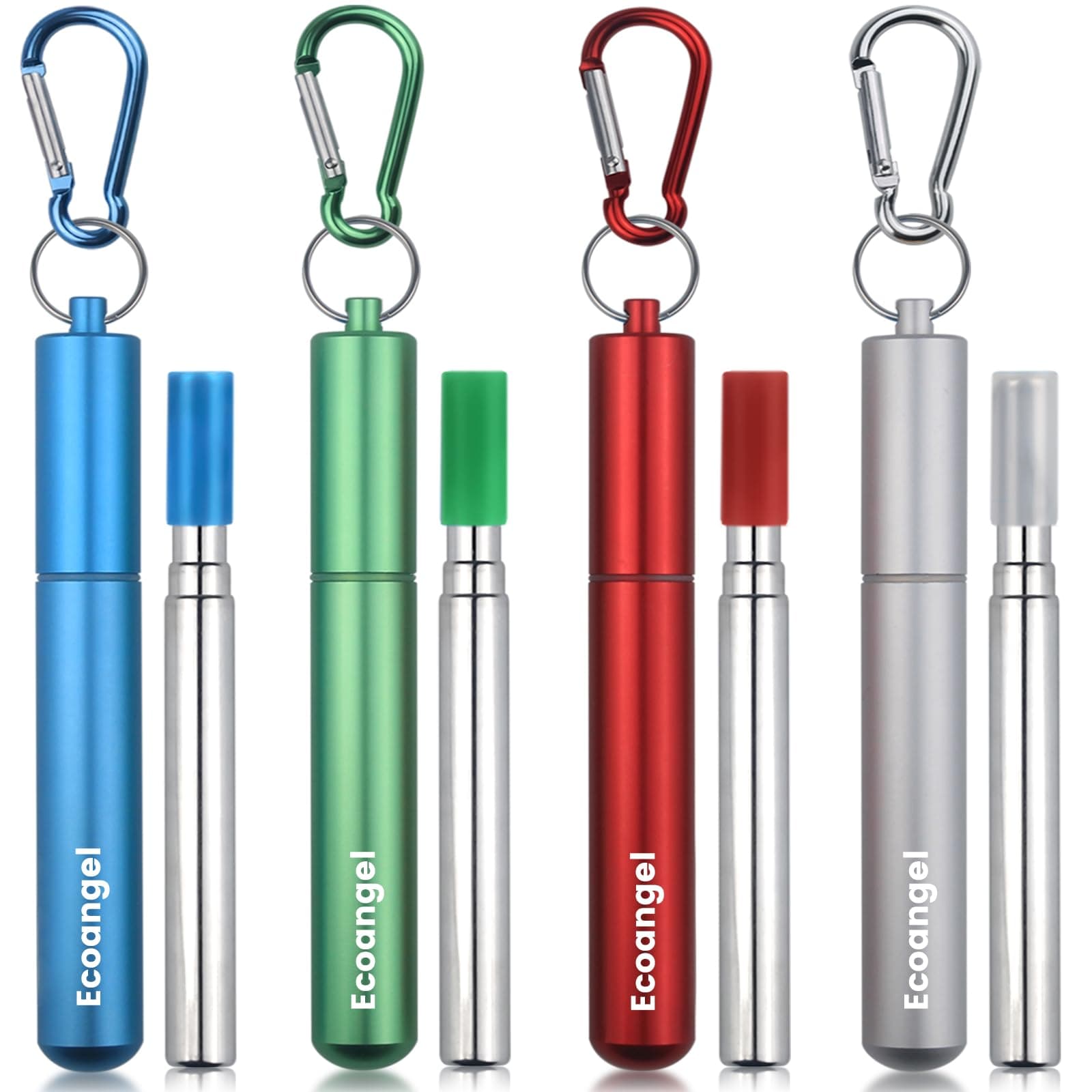 Ecoangel Cruise Ship Essentials,4-Pack reusable Collapsible Stainless Steel Drinking Straws with Aluminum Case,Cleaning Brush,and Keychains-Silver,Blue,Red,Green