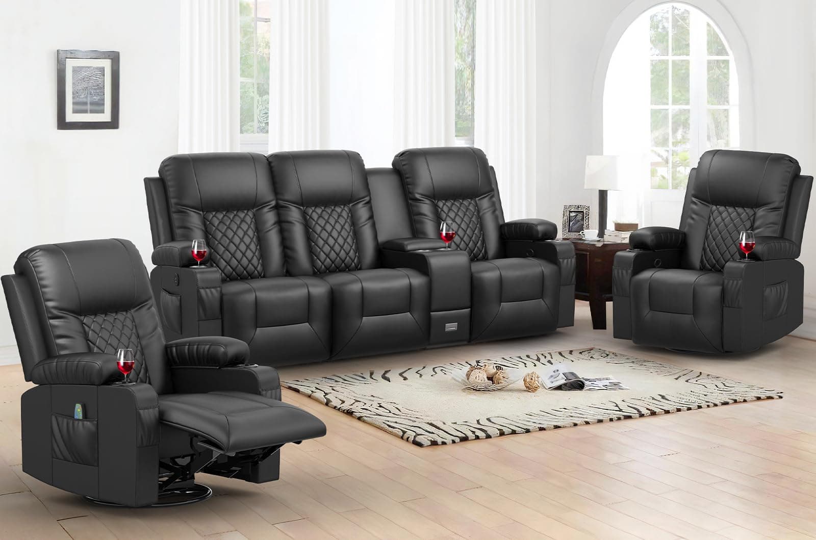 Modern Recliner Sofa Set - 3 Seat Sofa & 2PC Swivel Recliner Chairs with Heat & Massage for Living Room (3+1+1)