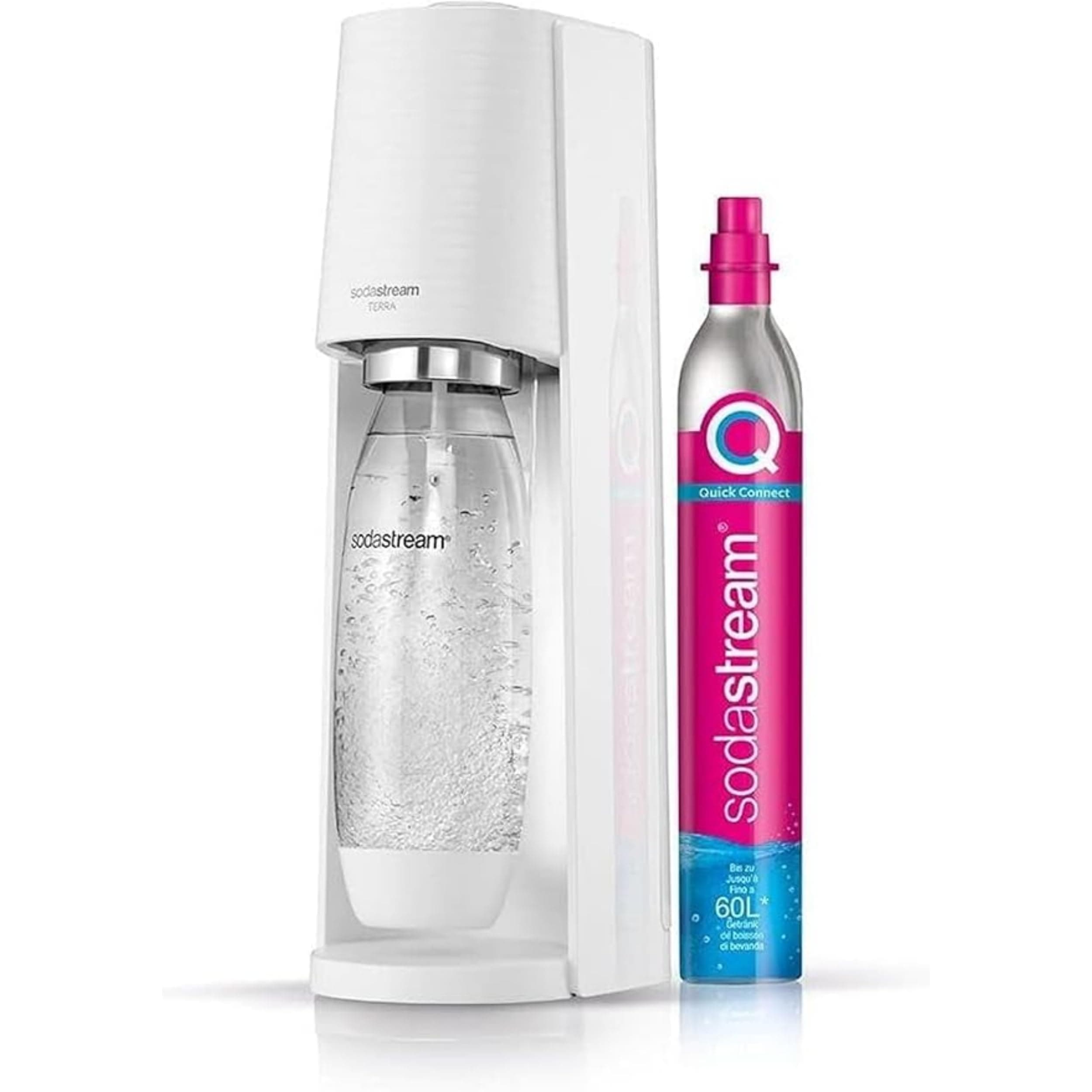 SodaStream - Terra Sparkling Water Maker, Quick Connect CO2 system, Includes 60L Gas Cylinder, BPA-Free 1L Bottle, Eco-Friendly & Reduces Plastic Waste, White