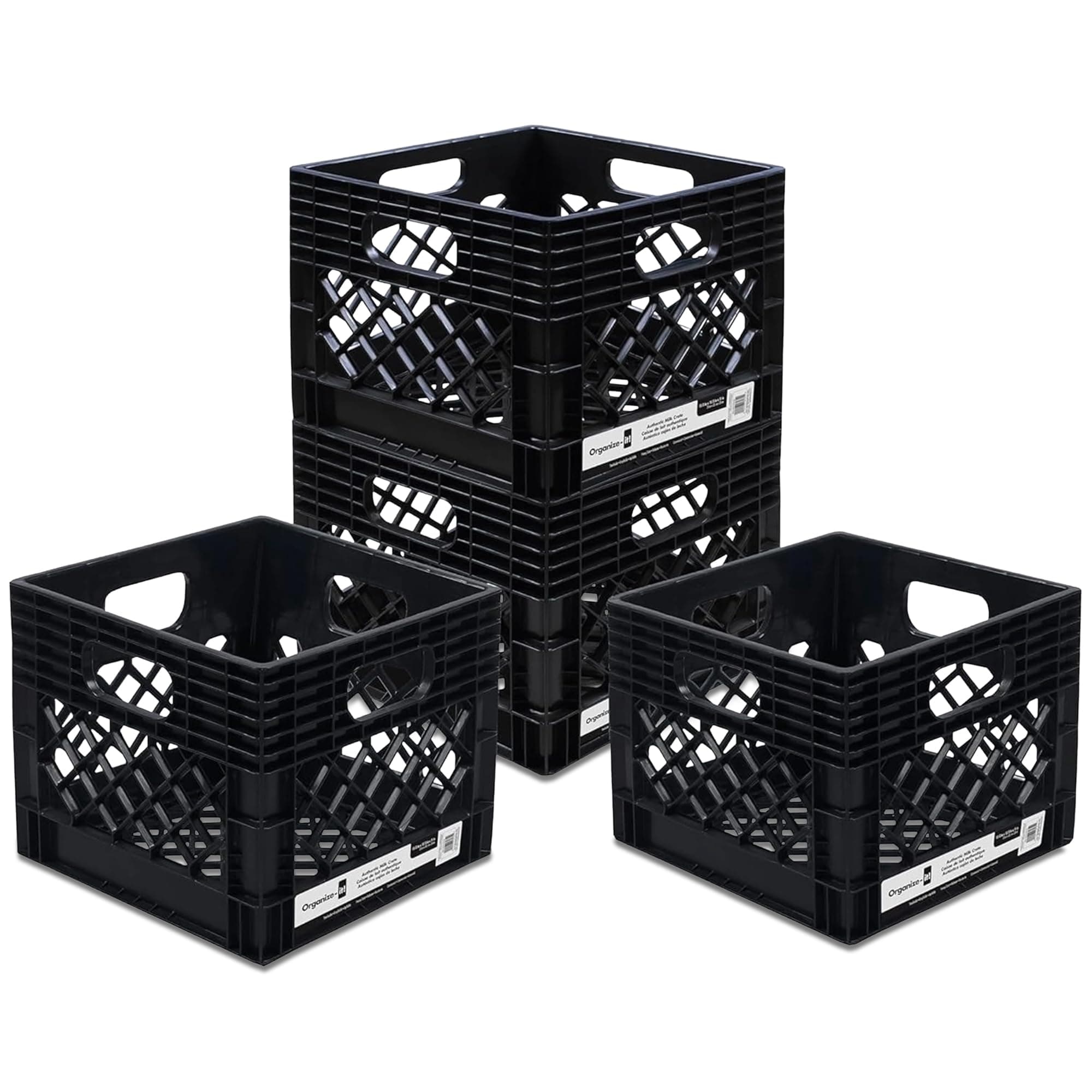 ORGANIZE-IT! 4 Pack Storage Milk Crate, Heavy Duty Versatile Box Organizers with Easy-Grip Handles, Interior 12.25"L x 12.25"W x 10.5"H, Black