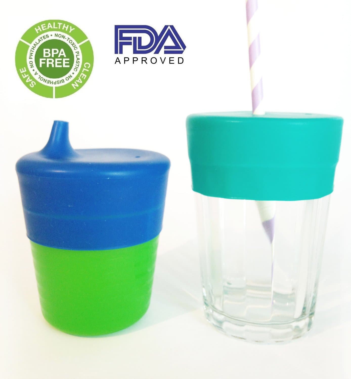EASY SIPPERS - Turn almost any size cup/glass into a sippy cup (SET OF 2: 1 for straws & 1 with spout) Convenient, reusable, high quality, stretchable silicone lids. Avoid accidental & messy spills. PINK set also available.