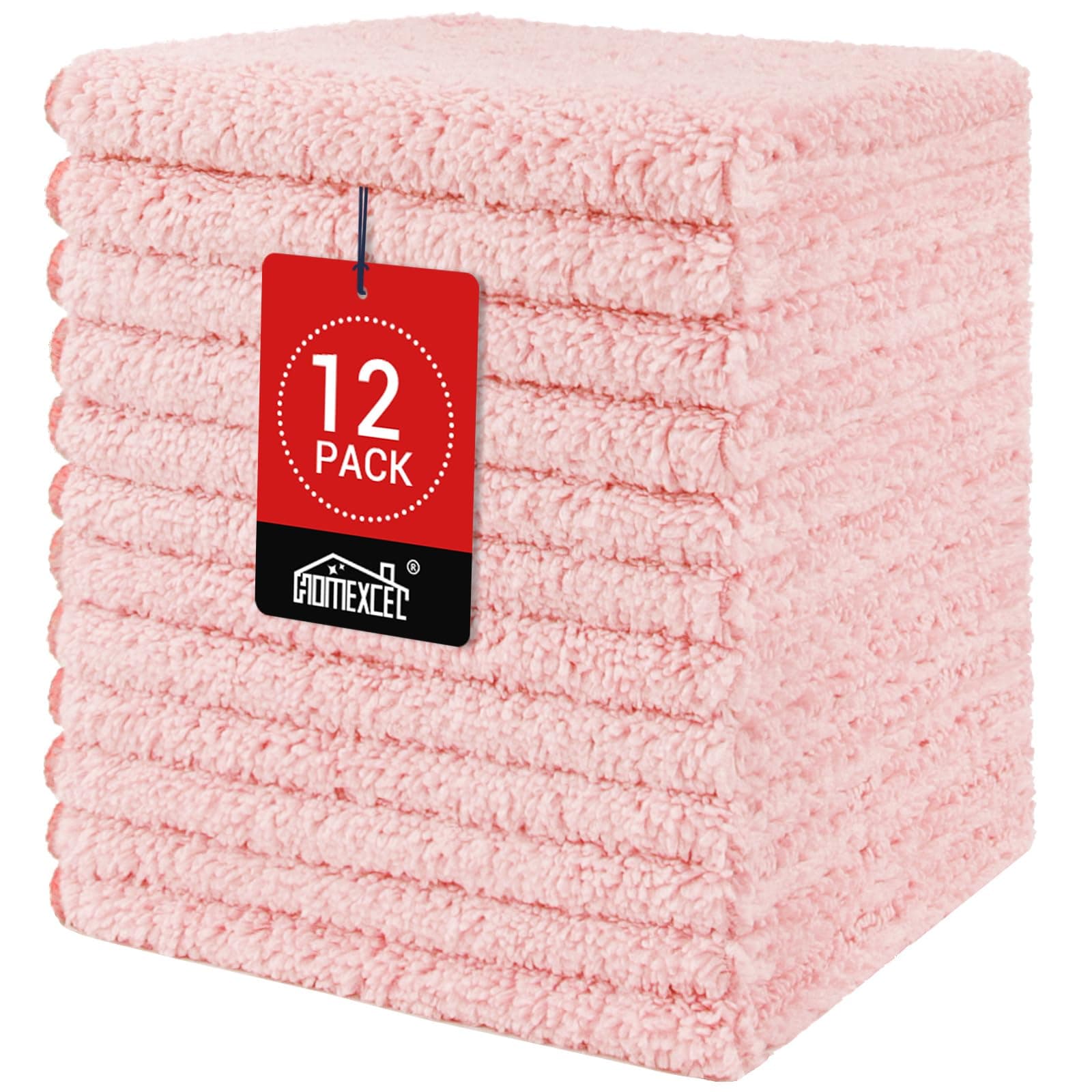 HOMEXCEL Microfiber Washcloths 12 Pack, Highly Absorbent and Soft Face Towel, Multi-Purpose Wash Cloths for Bathroom, Gym, Hotel, Spa and Kitchen, Multicolor 12x12 Inch, Pink