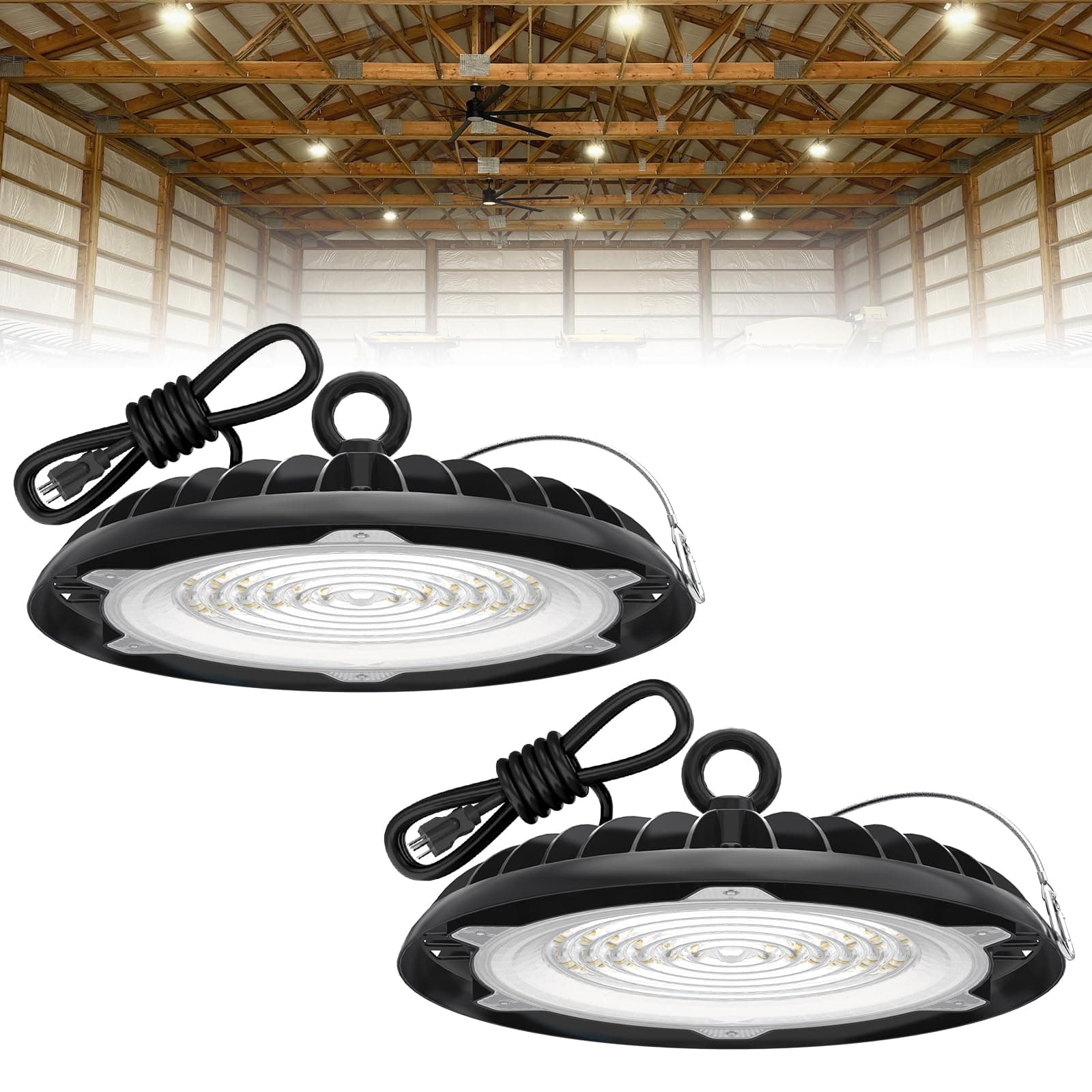 LED High Bay Light 150W 2 Packs 21,000LM with US Plug UFO High Bay Light for Warehouse Workshop Factory Gym Garage Barn
