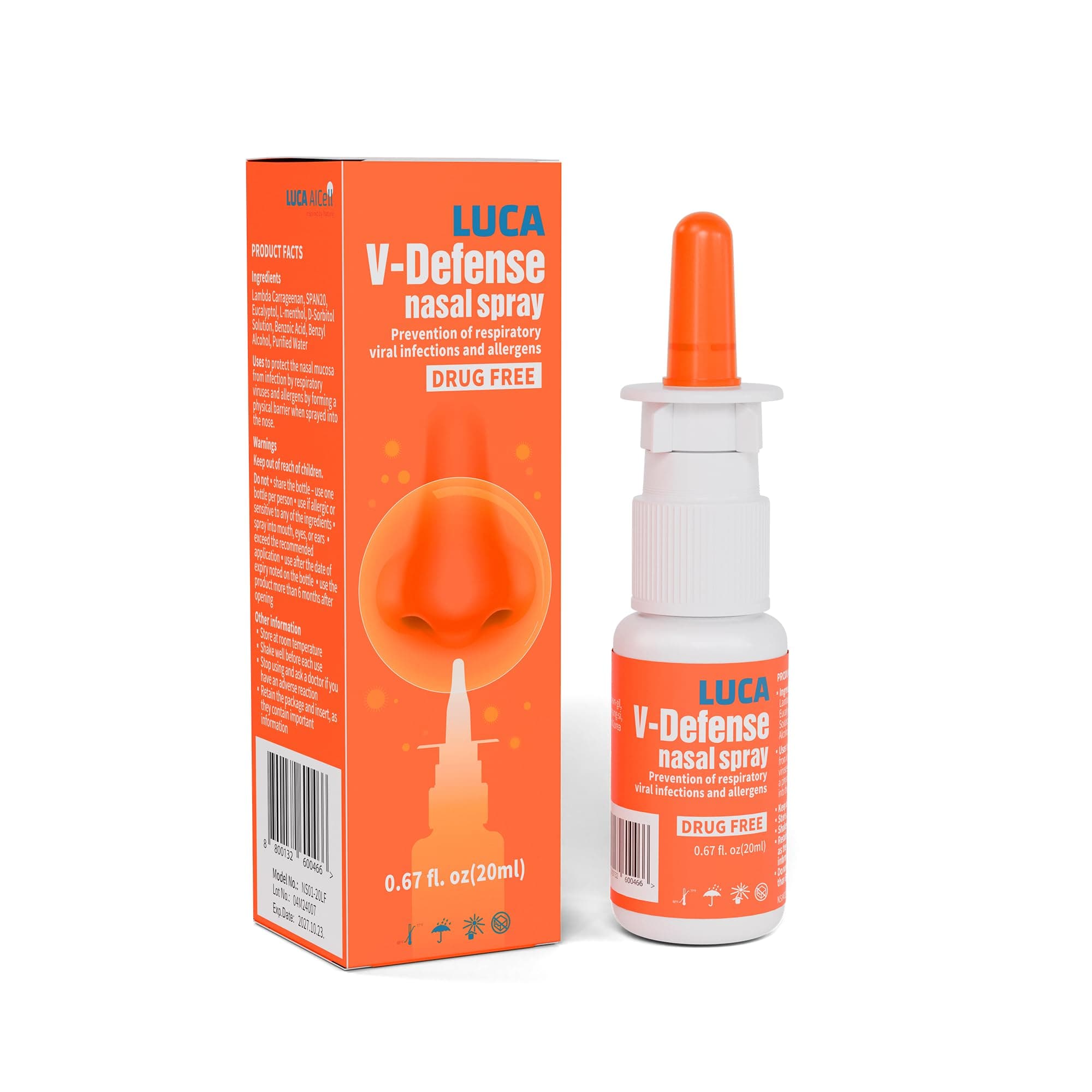 LUCA V-Defense™ Nasal Spray with Lambda Carrageenan, Menthol, and Eucalyptol – Drug-Free Nasal Congestion Relief – Moisturizes Nasal Passages and Reduces Contaminant Adhesion – 0.67 fl oz (200 Sprays)