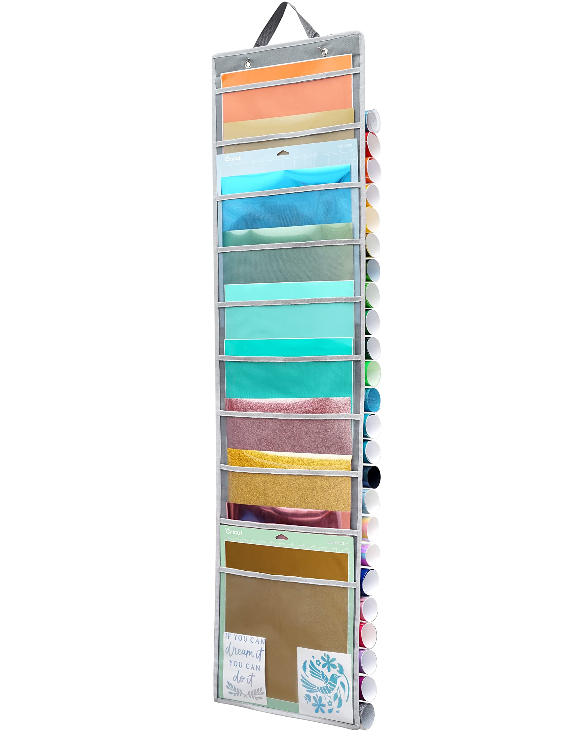 ZENXUS Hanging Vinyl Organizer, Double-Sided, 25 Compartments Roll Storage, Backside 10 Pockets for 12x12 Vinyl Sheet, Cardstock, Scrapbook Paper, Door Hooks Included