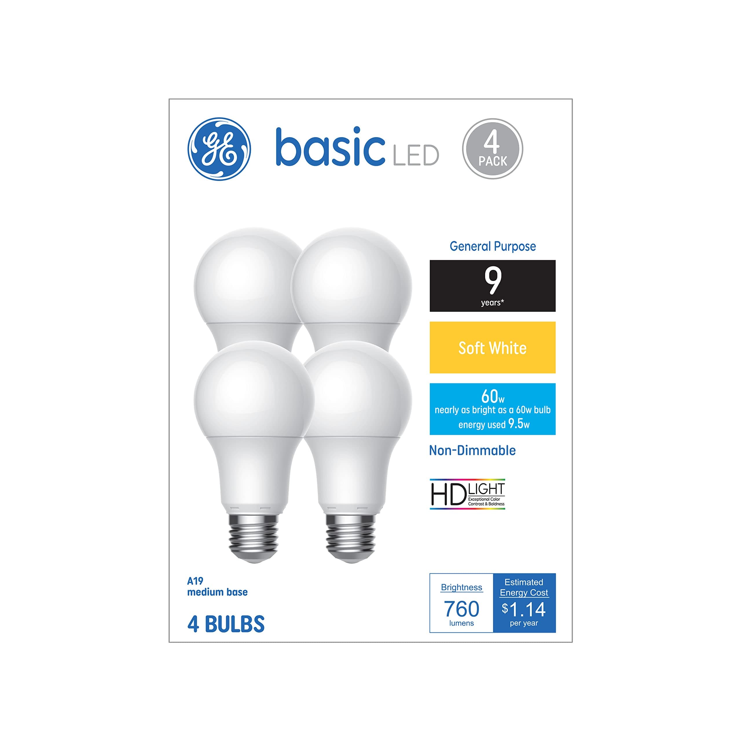 Basic Light Bulbs, 60 Watt, Soft White, A19 (4 Pack)