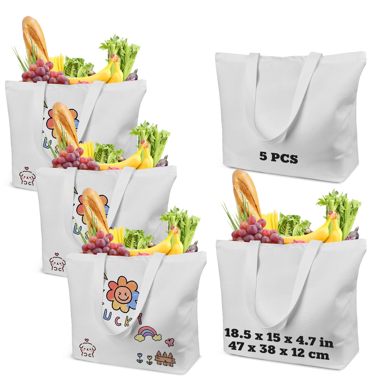 WeStar Sublimation Large Full Polyester Tote Bag Bulk with Zipper,Long Handle,Reusable Grocery Bags Shopping Cloth Bags
