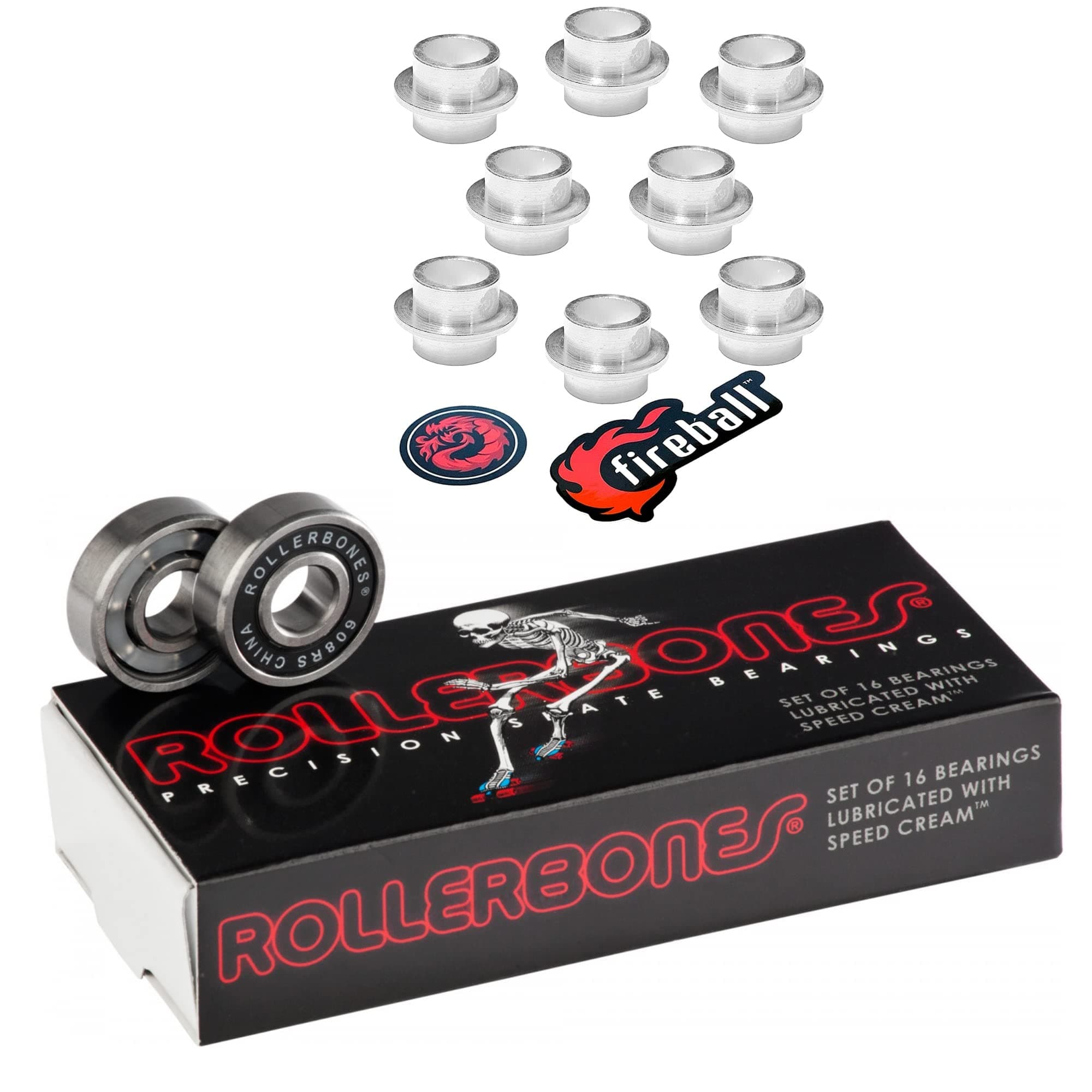 Rollerbones Bearings 8mm 16 Pack - w/Dragon Spacers - Bones Bearings Roller Bearing Set for Roller Derby Inline Skates & Rollerblades (608, w/Self Centering Spacers)