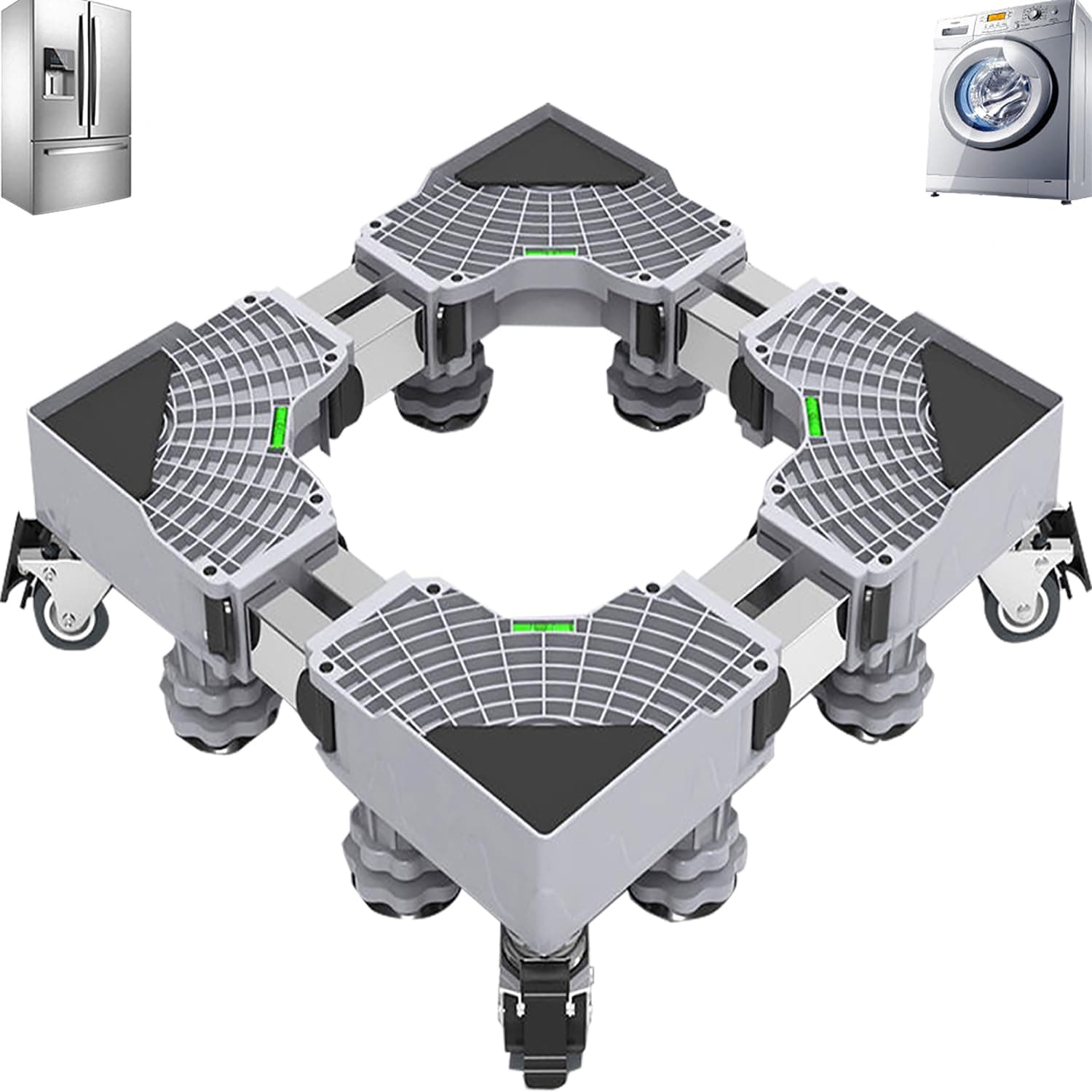 Washing Machine Base Mini Fridge Stand Universal Mobile Base Adjustable Washer Dryer Moving Cart Dolly Roller Telescopic Movable Pedestal Refrigerator Stand with 4 Lockable Steel Wheels