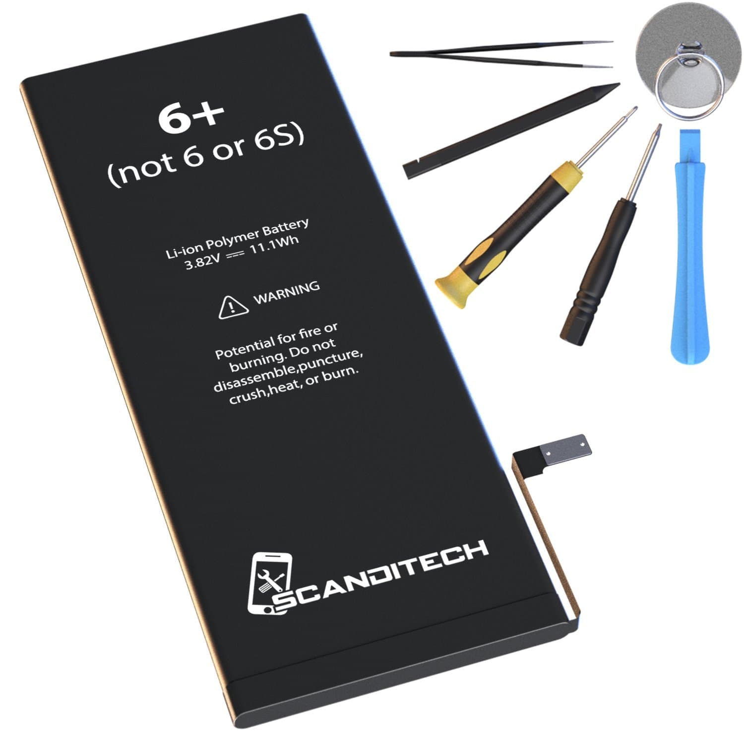 ScandiTech Battery iP6 Plus - Compatible with iPhone 6+ (not 6 or 6S+) - Replacement Kit with Tools, Adhesive & Instructions - New 2915 mAh 0 Cycle Battery - Repair Your Phone in 15 min - 1-Year Warr