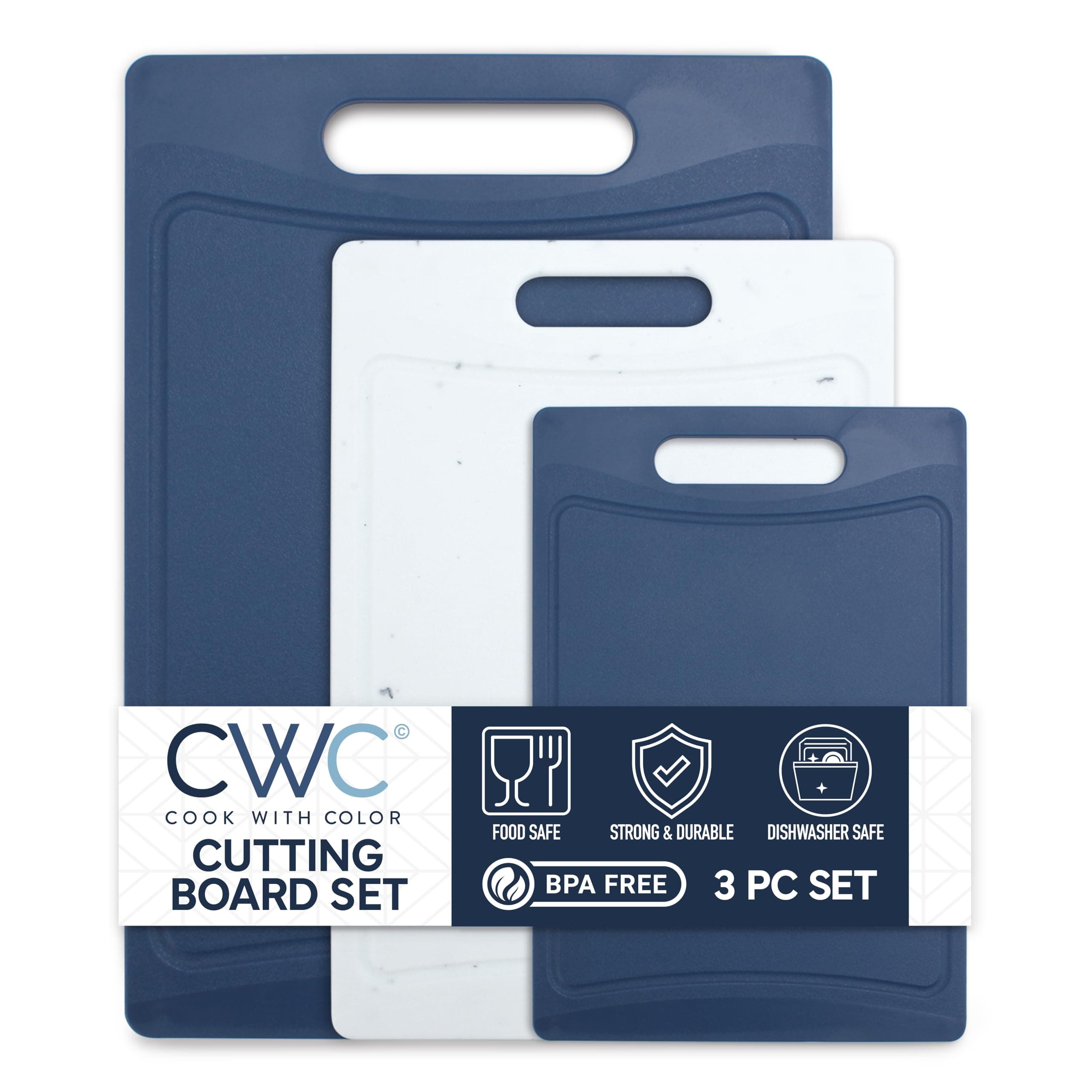 Non-Slip Cutting Board Set – Kitchen Essentials with Easy Grip Handle for Meat, Veggies, and Fruits, 3 Cutting Boards, Blue and White Marble