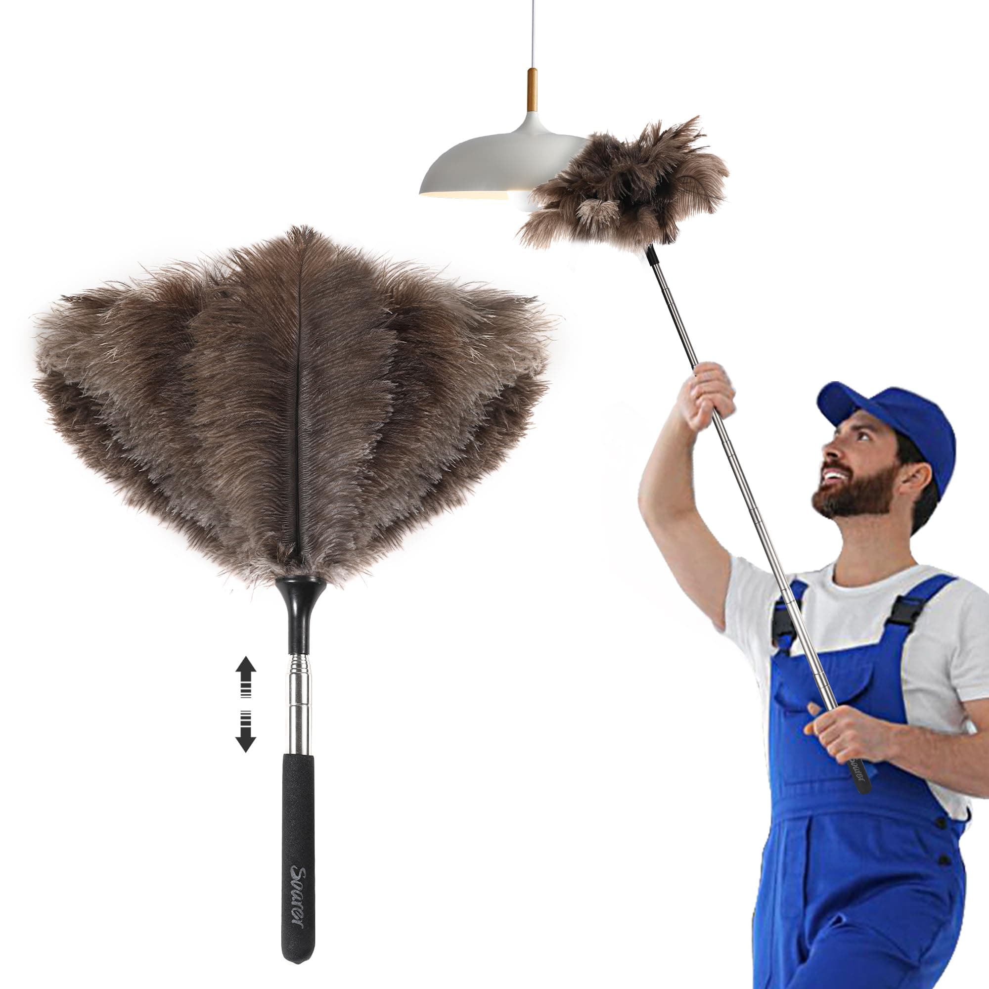 Soarer Extendable Ostrich Feather Duster - 40 inches Fluffy Long Handle Reusable Feather Duster for Cleaning Ceiling Fan,Pendant lamp, High Ceiling, Blinds, Furniture