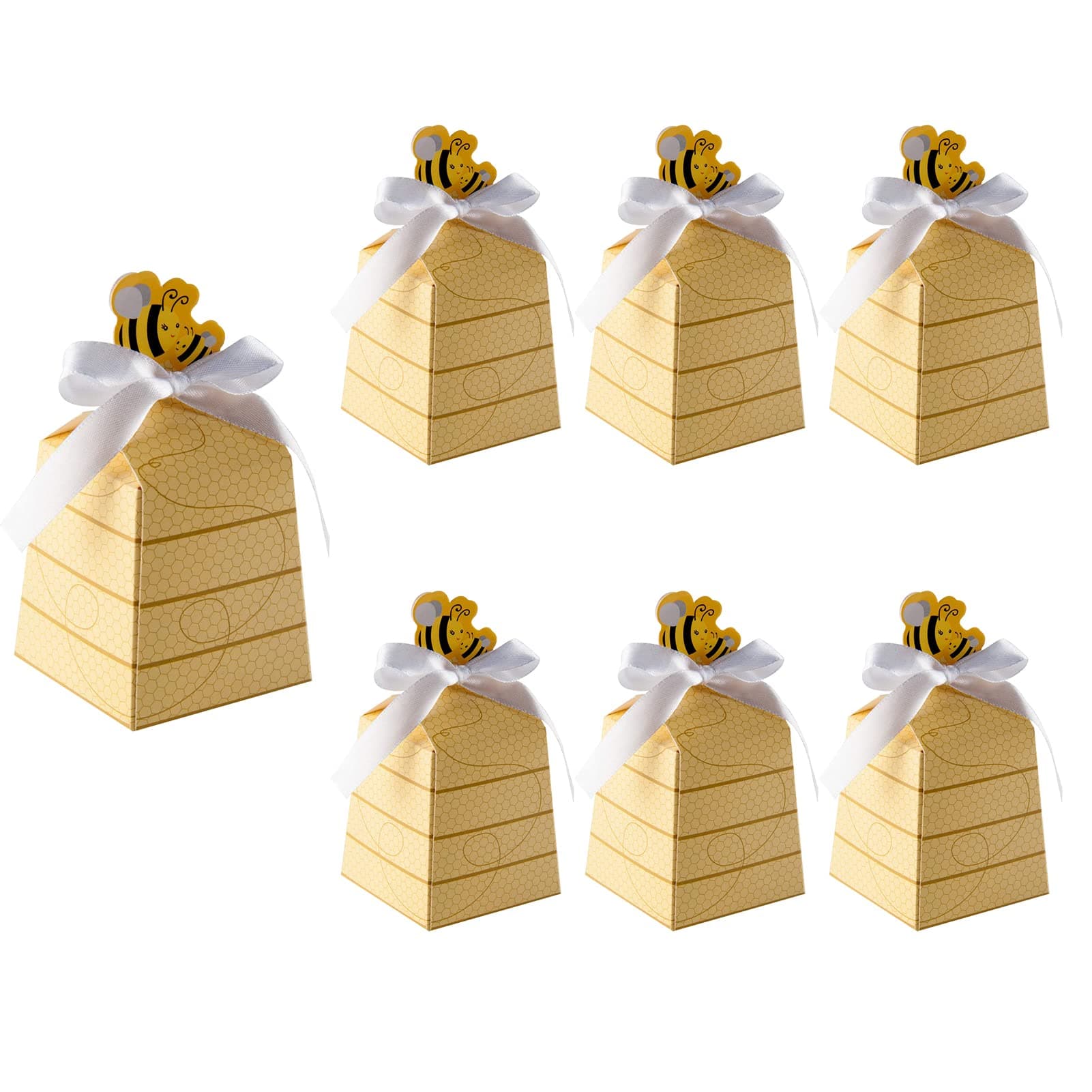 Cyblinia 100 Pieces Bee Candy Boxes Paper Beehive Gift Boxes Bee Party Favor Boxes with Ribbons for Birthday Party Decorations