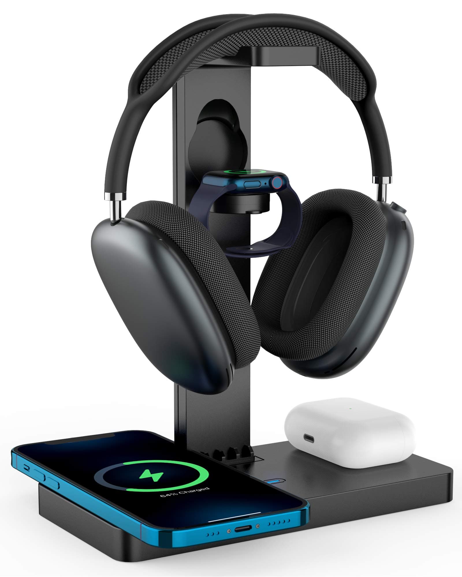 Headphone Stand Headset Holder with Wireless Charger, 2 Type USB C Port, 4 in 1 WCharging Station Dock for Apple Watch, AirPods Pro/2, iPhone 13/12/11 Series and All Headphones Size (Black)