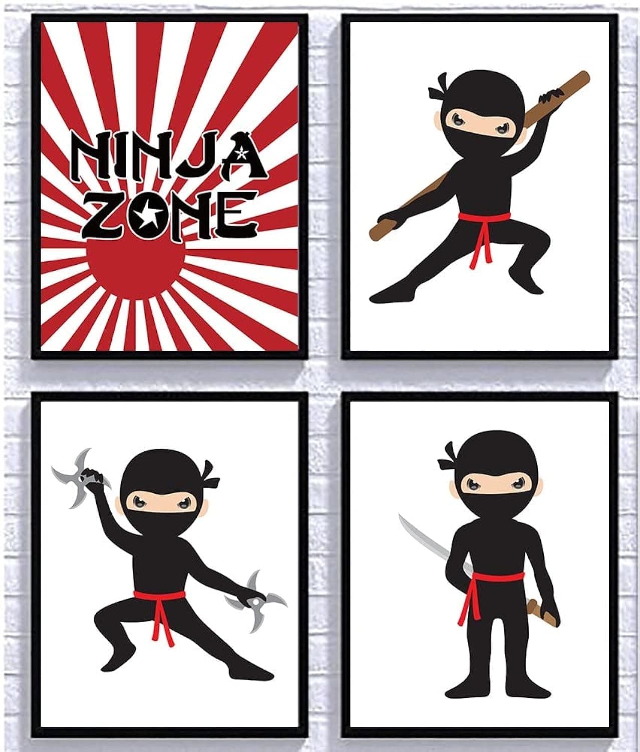 Ninja Zone Star Red White Black Wall Art Decor (Set of Four) Room Decoration