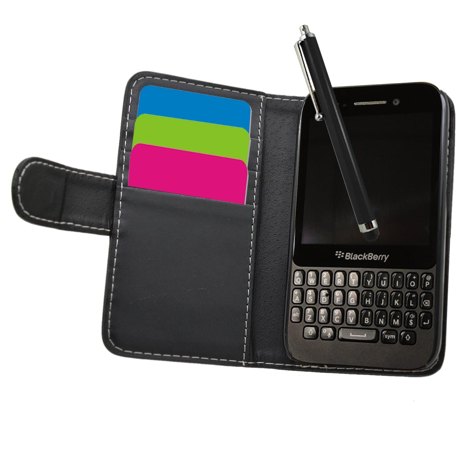 SAMRICK - Blackberry Q5 - Executive Specially Designed Soft Leather Book Wallet Case With Credit Card/Business Card Holder & Screen Protector/Foil/Film/Guard & Microfibre Cloth & Black High Capacitive Stylus Pen - Black