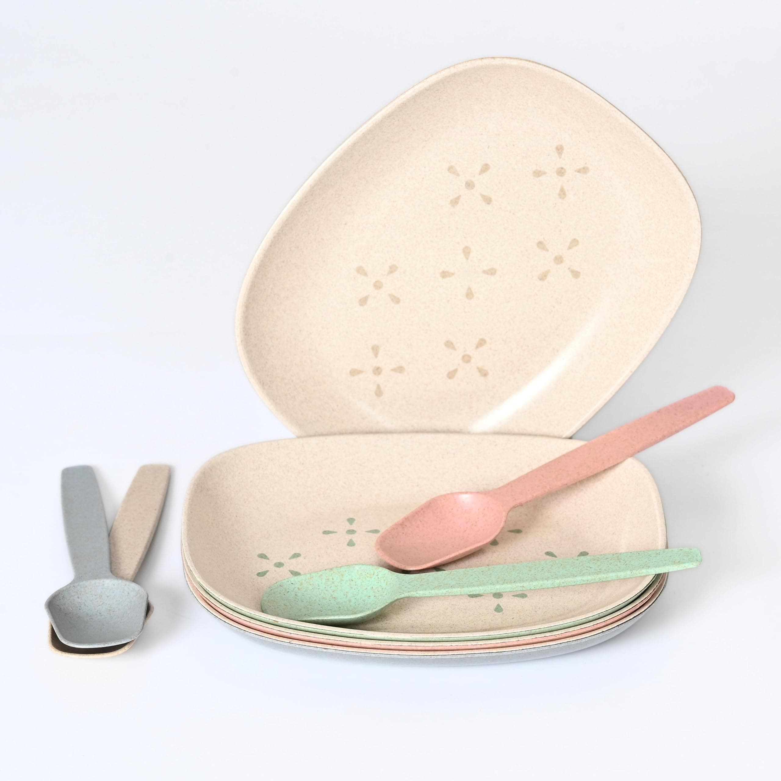 Eha Earth-Friendly Small Snack Serving Plates Set of 4 with Spoons | 6 inch | Small Snack Plates Made with Bamboo Fibers & Rice Husk Fiber | Microwave Safe | Dessert Plates | Multicolor