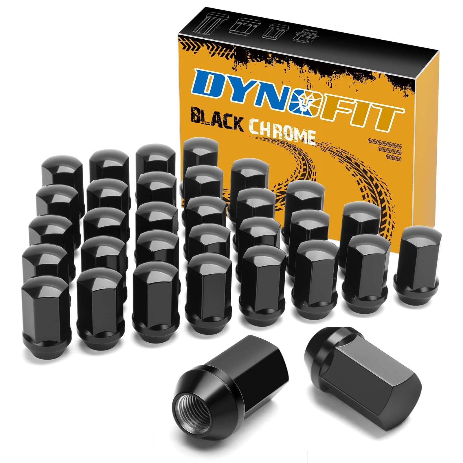 Dynofit 14x1.5 Lug Nuts Compatible with 2008+ Chevy Silverado GMC Sierra 2500 3500,32PCS Black Chrome Wheel Lug Nuts,for 2012+ RAM 2500 3500,Anti-Rust and Corrosion-Resistant,for Cold Winter