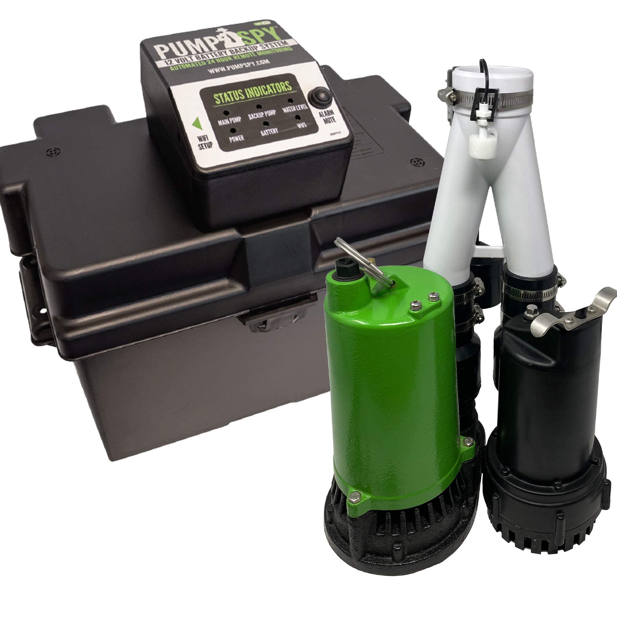 - PumpSpy PS2000C Pre-Assembled SmartPump Combination Wi-Fi Connected 1/2HP Primary Sump Pump and 12V Battery Backup Sump Pump with Internet Monitoring & Alerts, Water Alarms for Basements