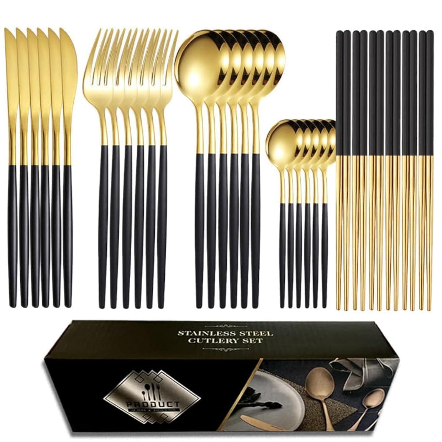 Dining Dinnerware Tableware Kitchen Set, 401 Stainless Steel，Stainless steel cutlery knife,Chopsticks fork and spoon set 30-piece cutlery set 6 people gift box with (Black gold)