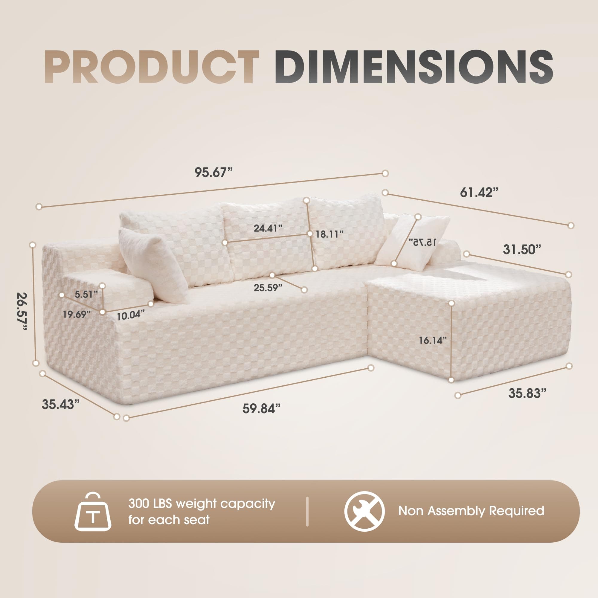 Modular Sectional Sofa Couches L-Shape Couch 3 Seat Modular Sofa Memory Foam Sectional Couches for Living Room, Cloud Couch with Oversized Chaise (White Check, 96" Right Facing Chaise)