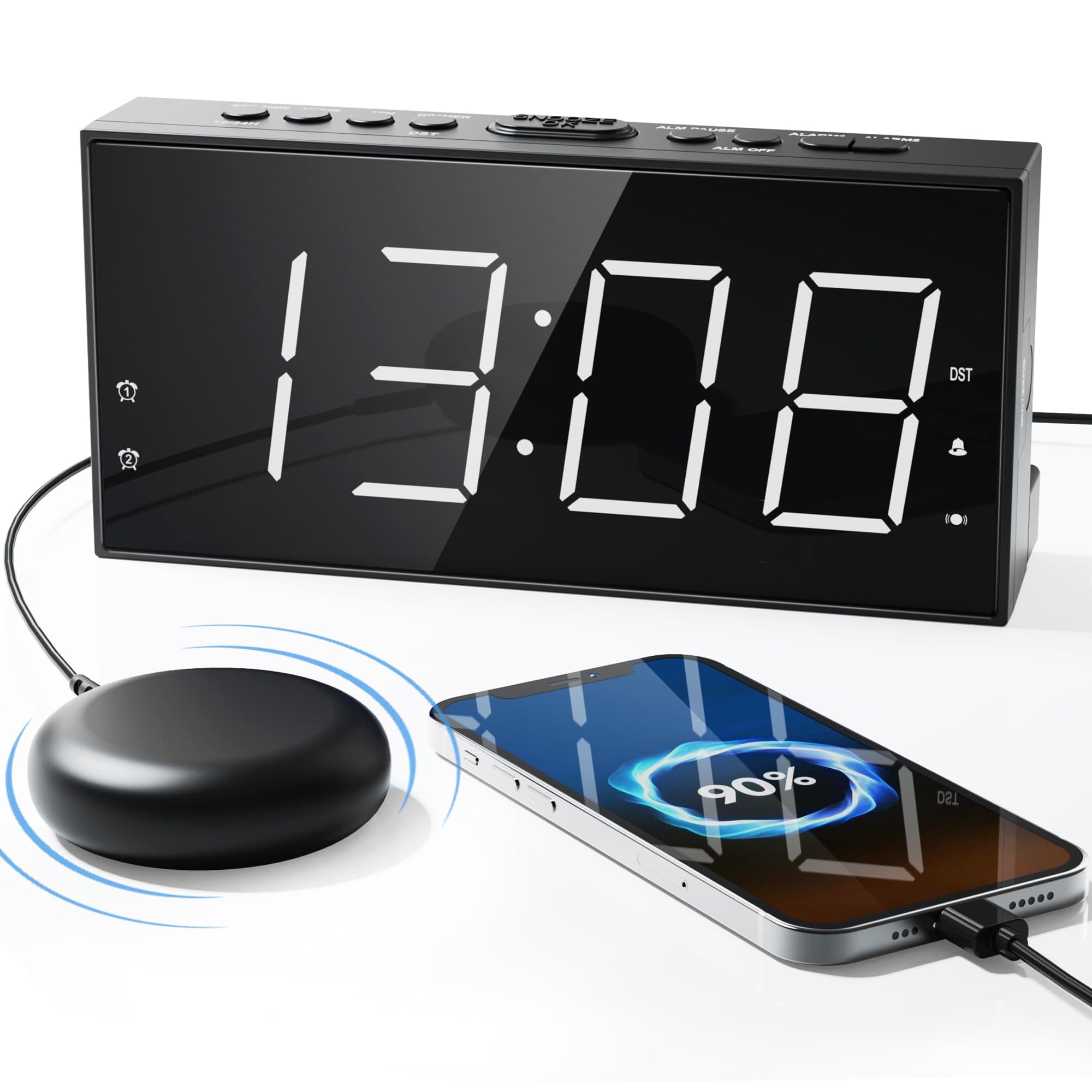 Loud Alarm Clock with Bed Shaker for Heavy Sleeper, Dual Vibrating Alarm Clock with USB Charger for Hard of Hearing/Deaf, 7.5’’ Large LED Display with Dimmer, Snooze, 12/24H & Battery Backup
