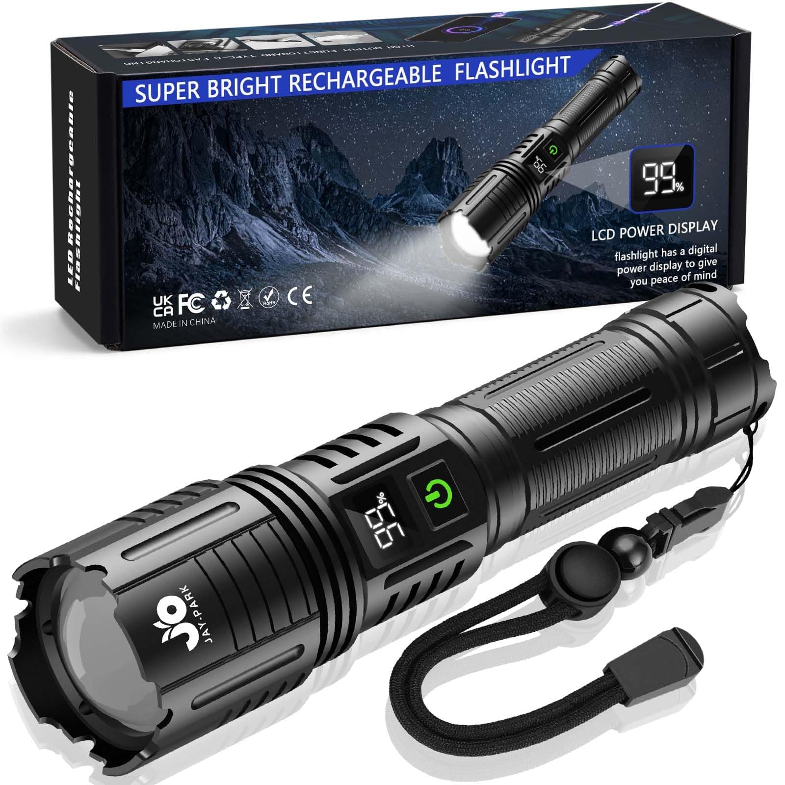 Rechargeable Flashlights 10000 Lumen, LED Flashlight with Digital Power Display and Zoomable, Flashlights High Lumen Super Bright Long Distance for Camping, bushcraft, Outdoor