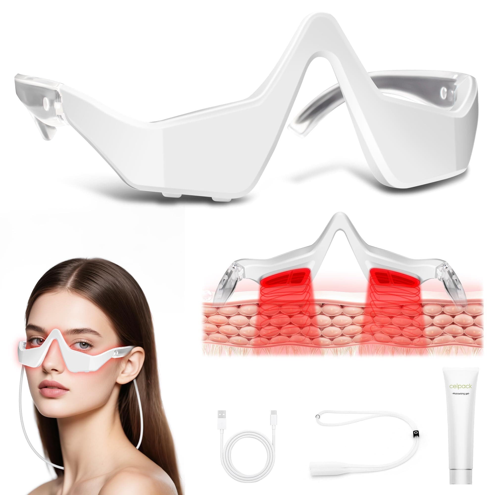 Under-Eye Light Therapy Device, Beauty Device with Eye Massage for Relieve Eye Bags, Eye Fatigue, Dark Circles, with Gel and Glasses Strap (White)
