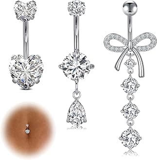 14G Dangle Belly Button Rings - Surgical Steel Silver and Rose Gold CZ Piercing Jewelry for Women