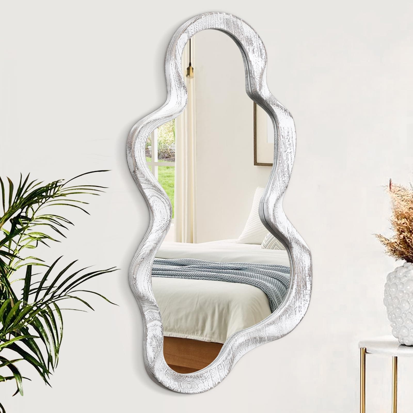Asymmetrical Cloud Wavy Mirror - Large Irregular Wall Mirror with Modern Wood Frame - Decorative for Bedroom, Living Room, Bathroom, Entryway - White
